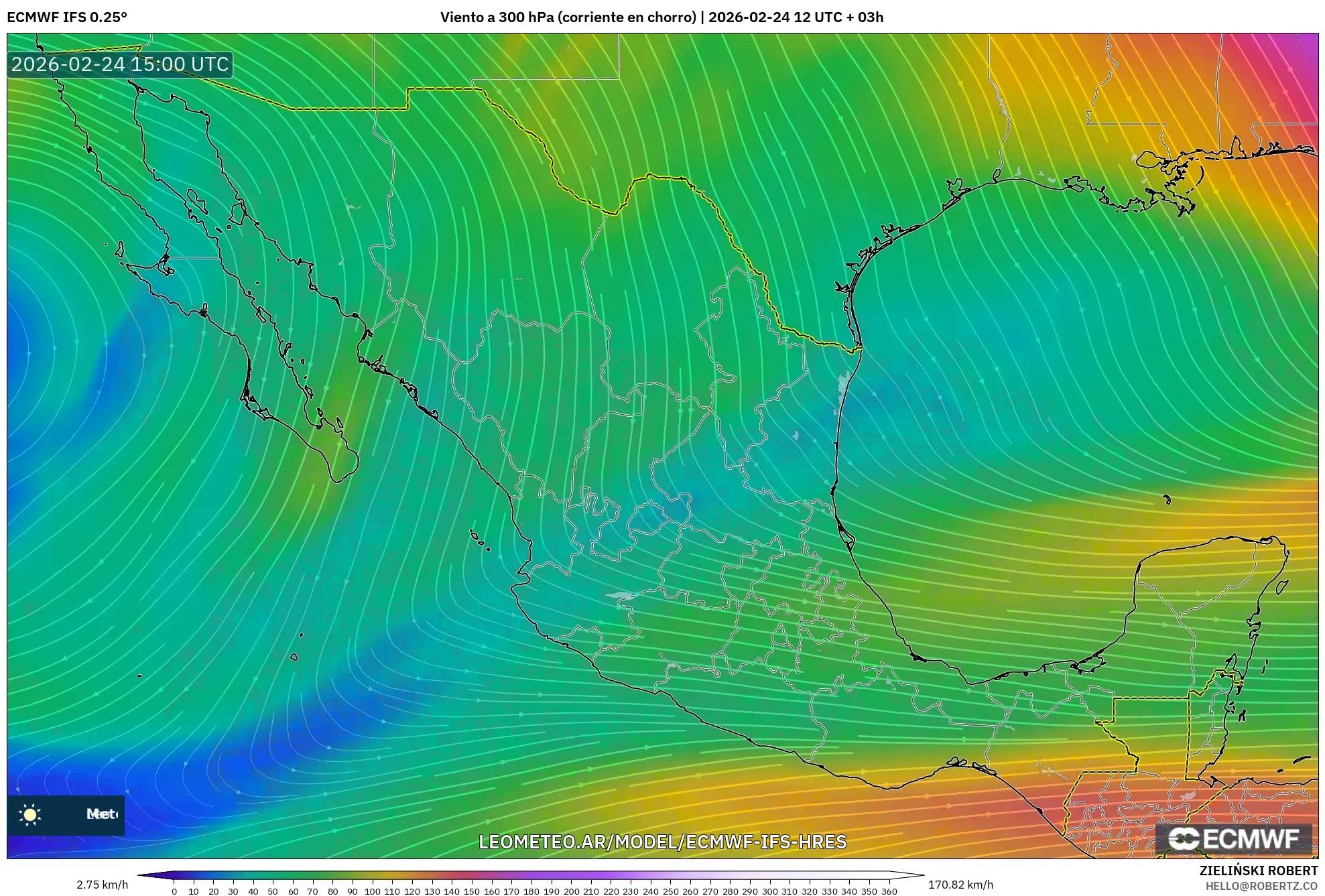 ECMWF IFS 0.25° model - México, Viento a 300 hPa (corriente en chorro)