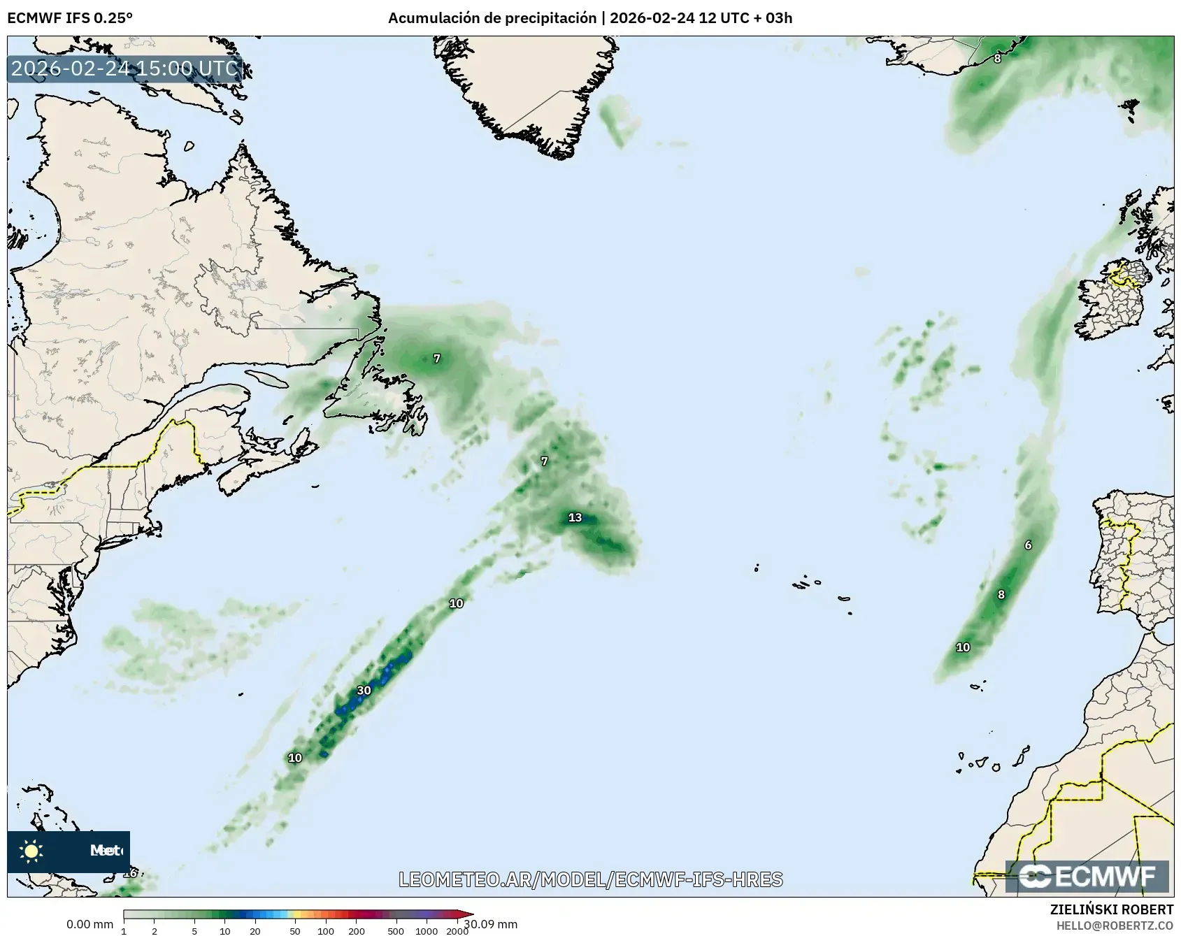 ECMWF IFS 0.25° model - Norte Atlántico, Acumulación de precipitación