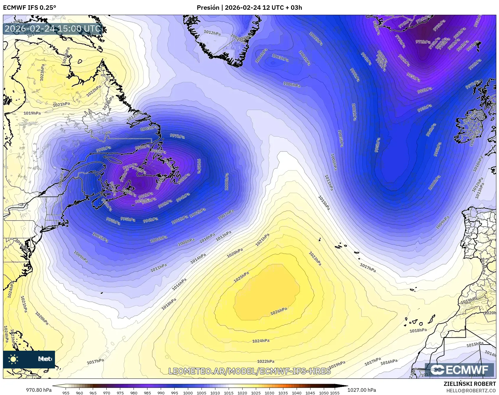 ECMWF IFS 0.25° model - Norte Atlántico, Presión