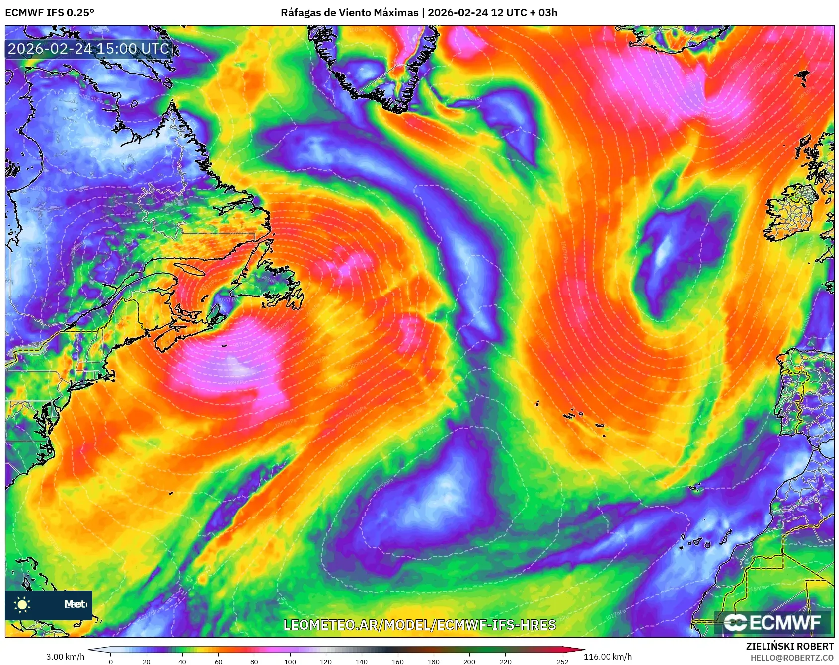 ECMWF IFS 0.25° model - Norte Atlántico, Ráfagas de Viento Máximas