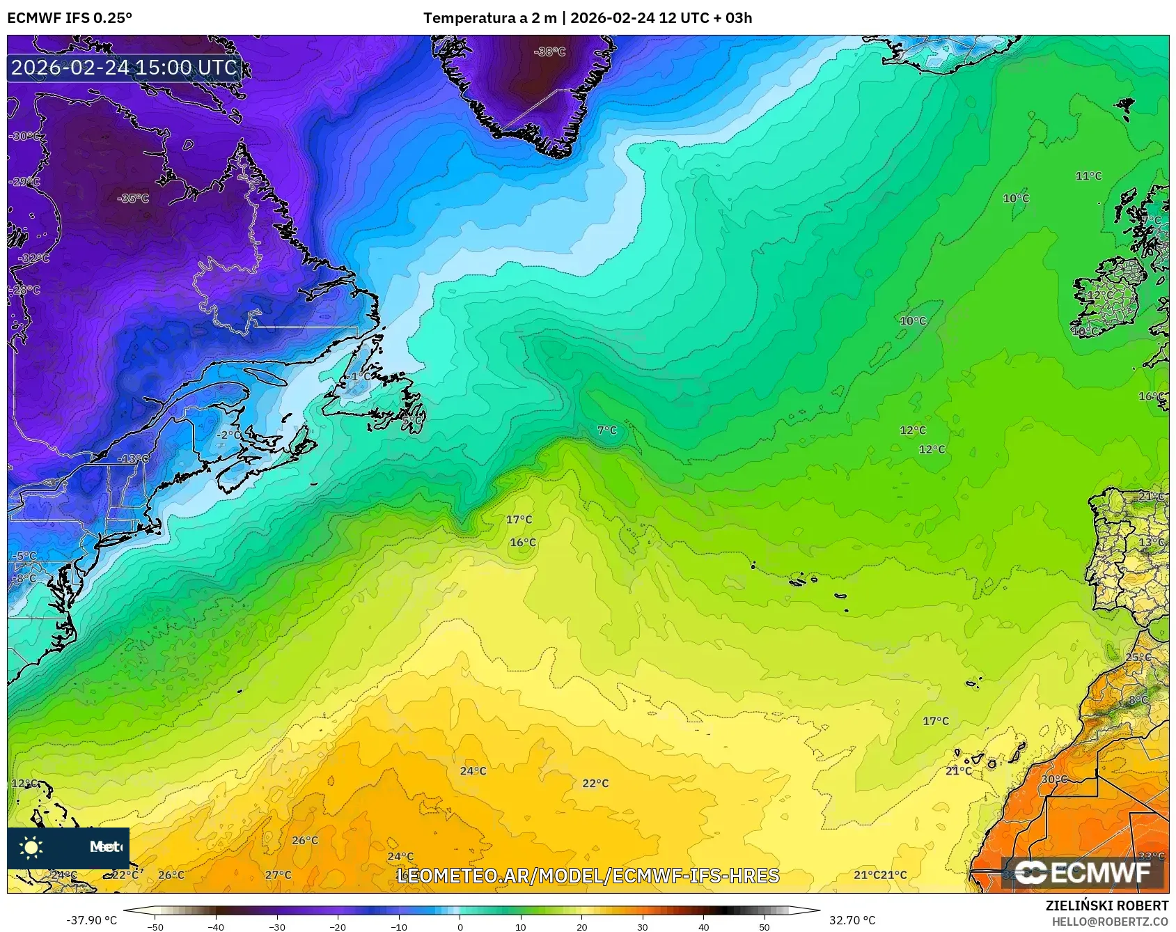 ECMWF IFS 0.25° model - Norte Atlántico, Temperatura a 2 m