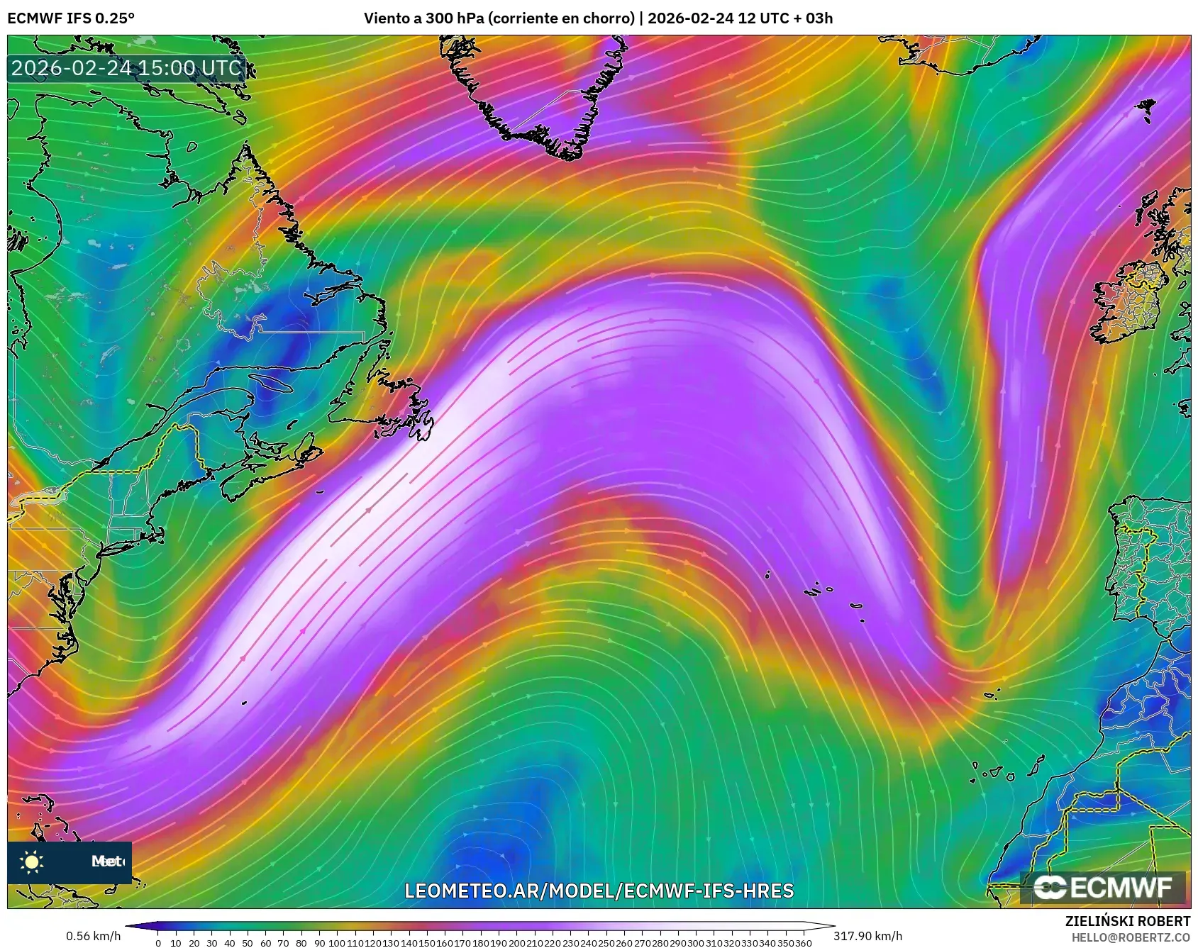 ECMWF IFS 0.25° model - Norte Atlántico, Viento a 300 hPa (corriente en chorro)