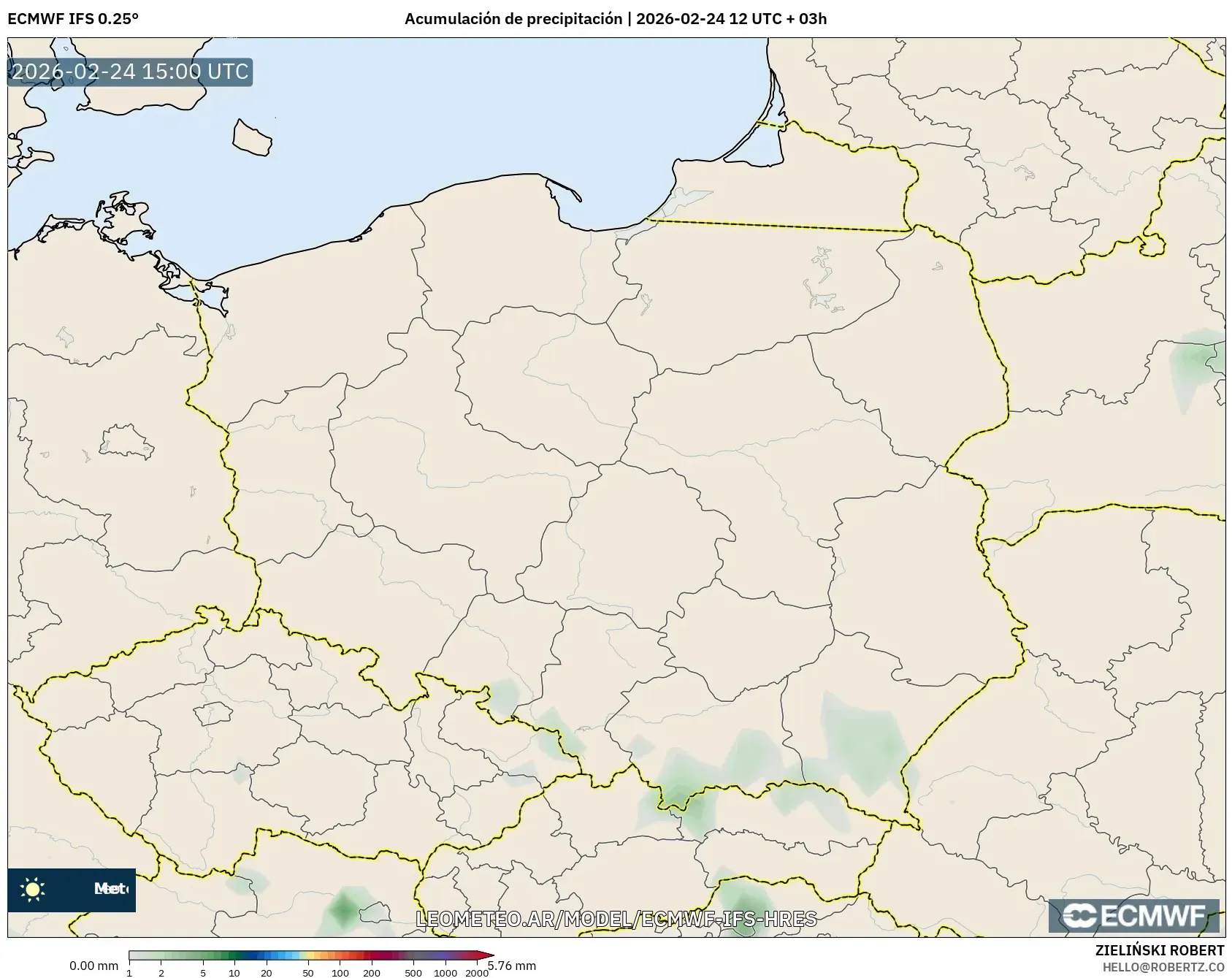ECMWF IFS 0.25° model - Polonia, Acumulación de precipitación
