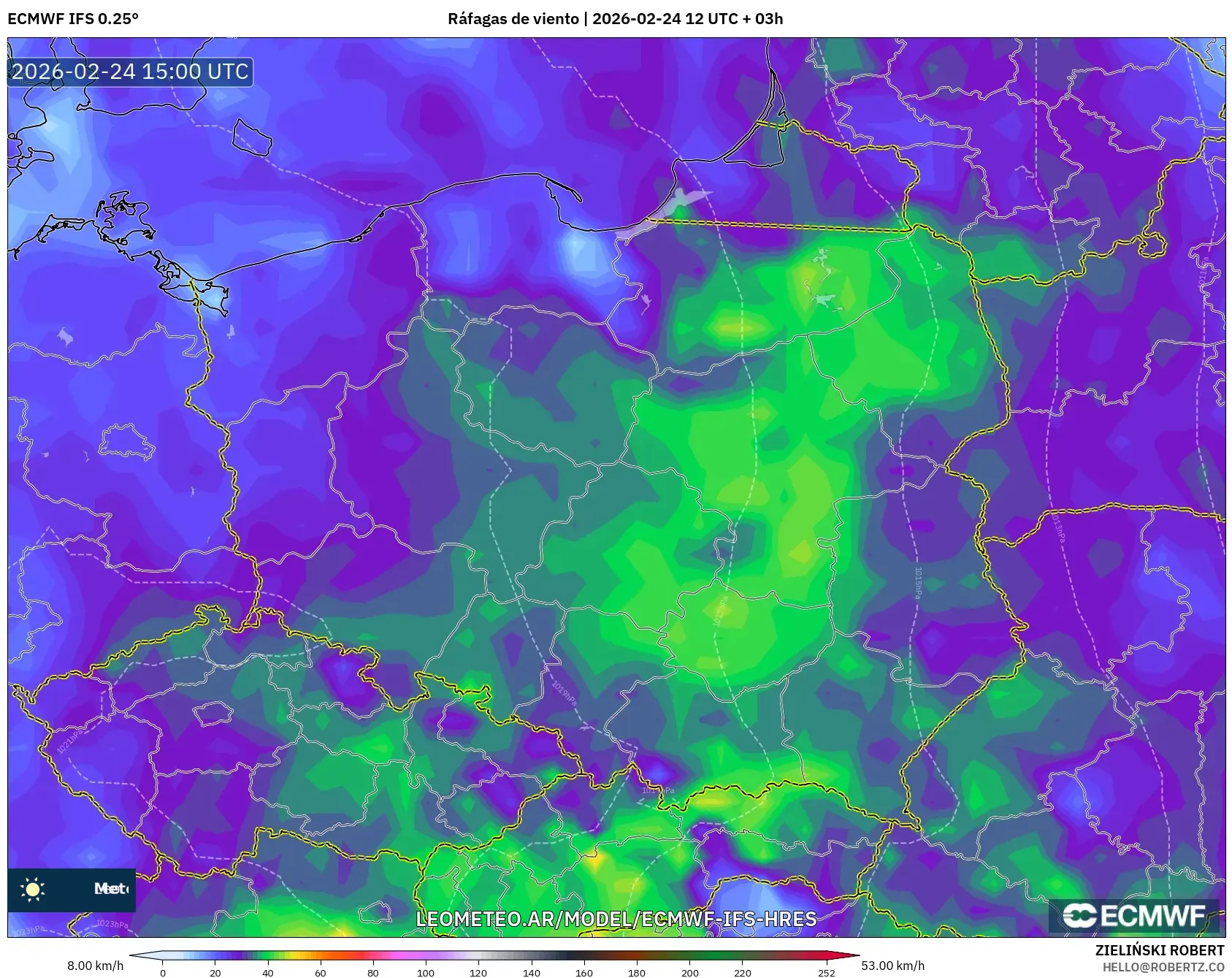 ECMWF IFS 0.25° model - Polonia, Ráfagas de viento