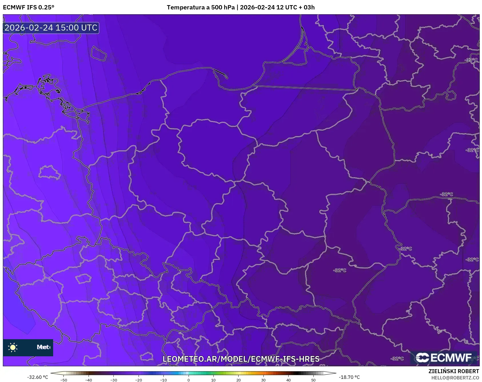 ECMWF IFS 0.25° model - Polonia, Temperatura a 500 hPa