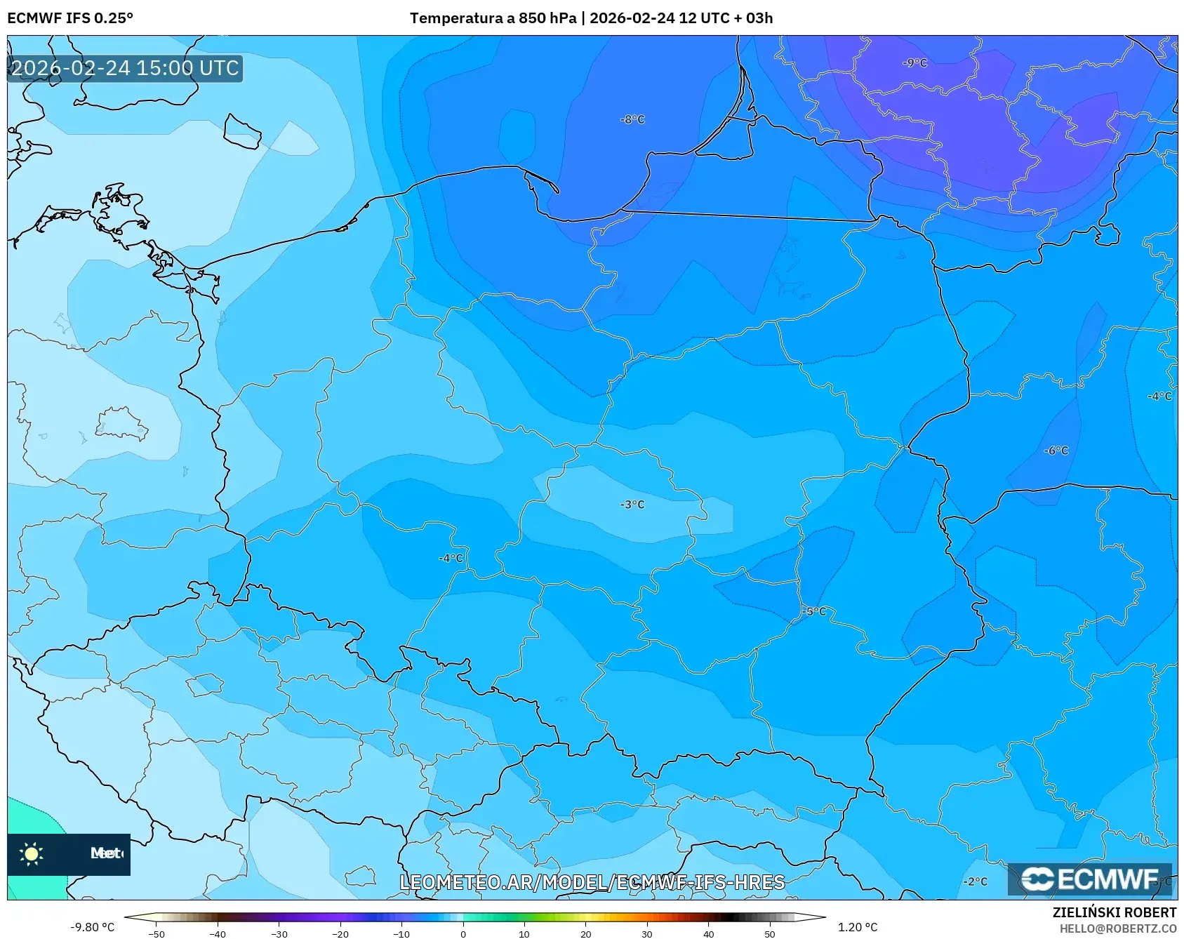 ECMWF IFS 0.25° model - Polonia, Temperatura a 850 hPa