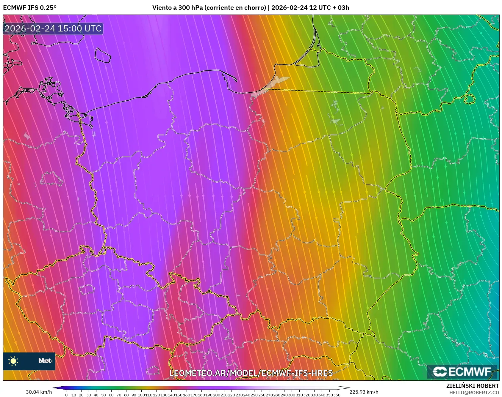 ECMWF IFS 0.25° model - Polonia, Viento a 300 hPa (corriente en chorro)