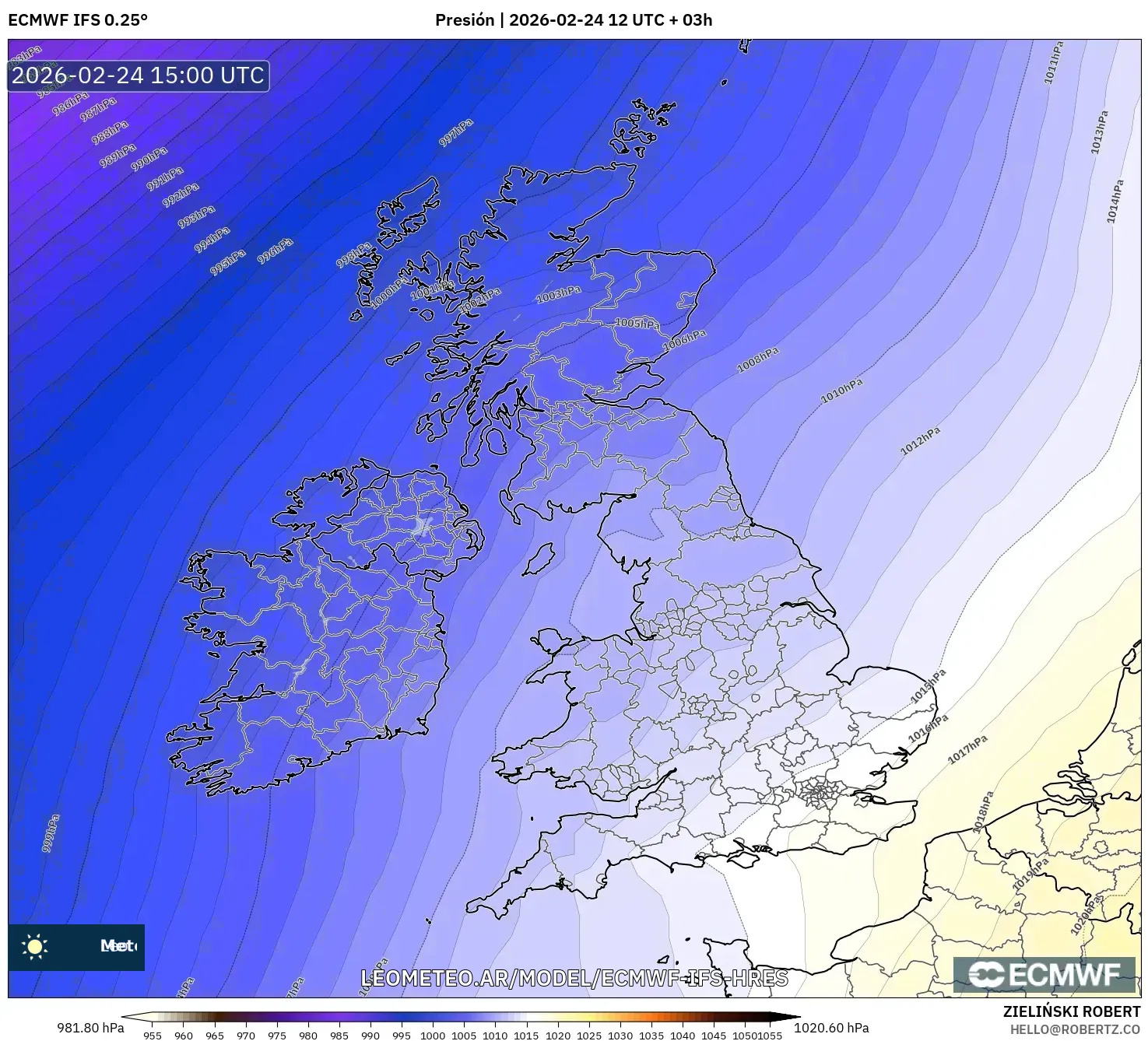 ECMWF IFS 0.25° model - Reino Unido, Presión
