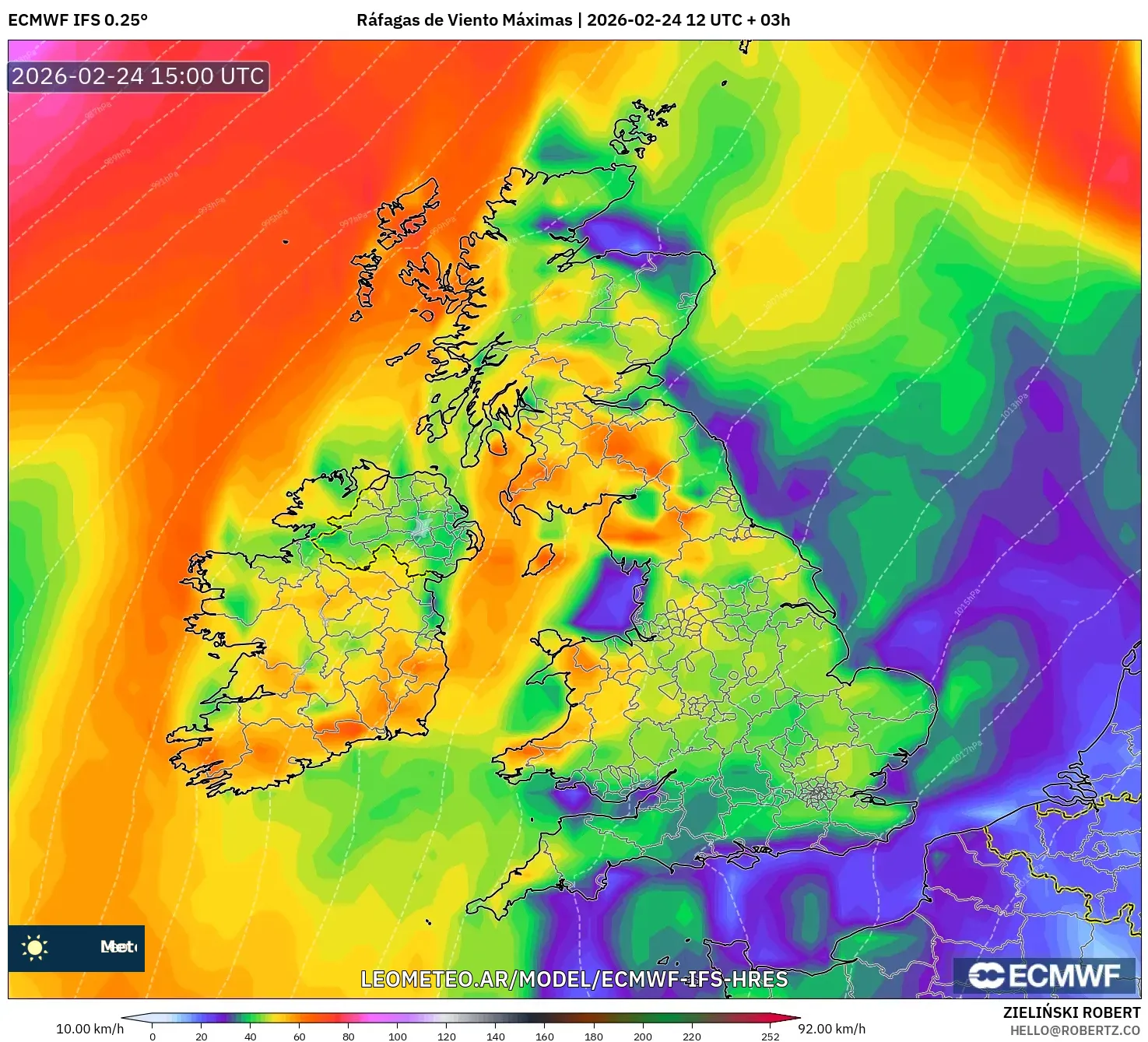 ECMWF IFS 0.25° model - Reino Unido, Ráfagas de Viento Máximas