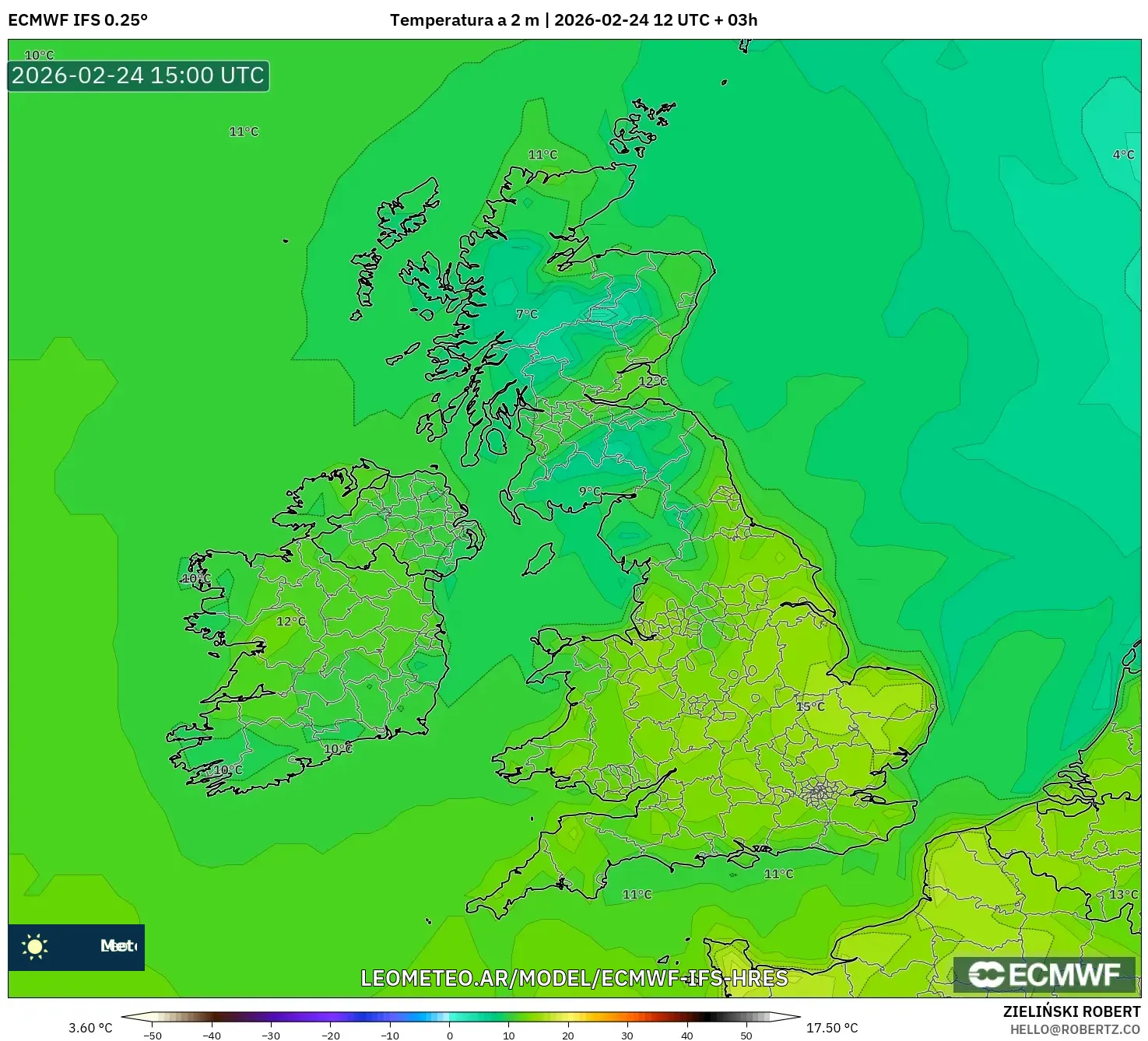ECMWF IFS 0.25° model - Reino Unido, Temperatura a 2 m