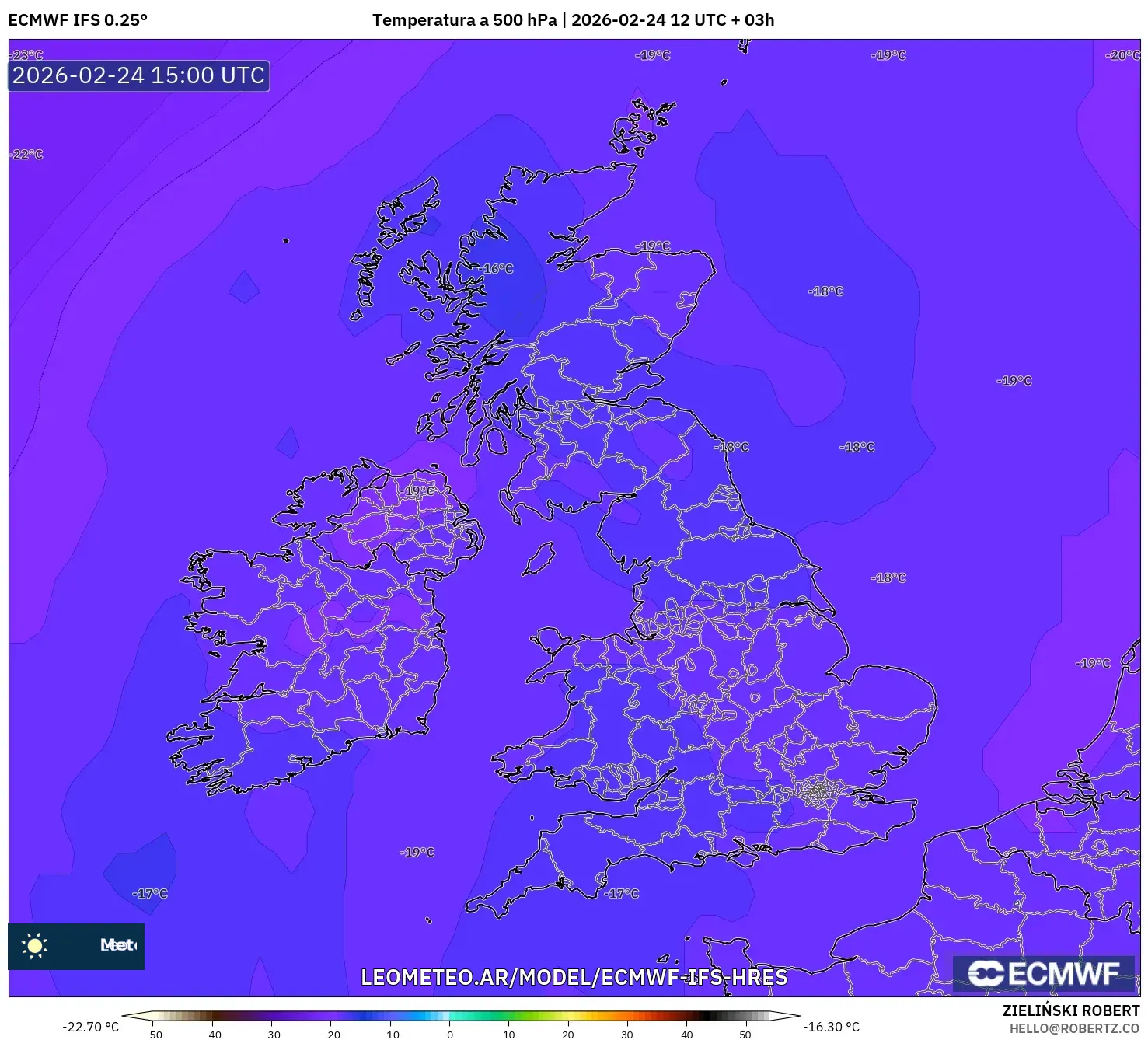 ECMWF IFS 0.25° model - Reino Unido, Temperatura a 500 hPa