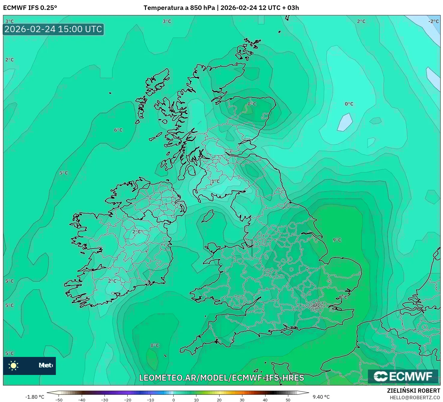 ECMWF IFS 0.25° model - Reino Unido, Temperatura a 850 hPa
