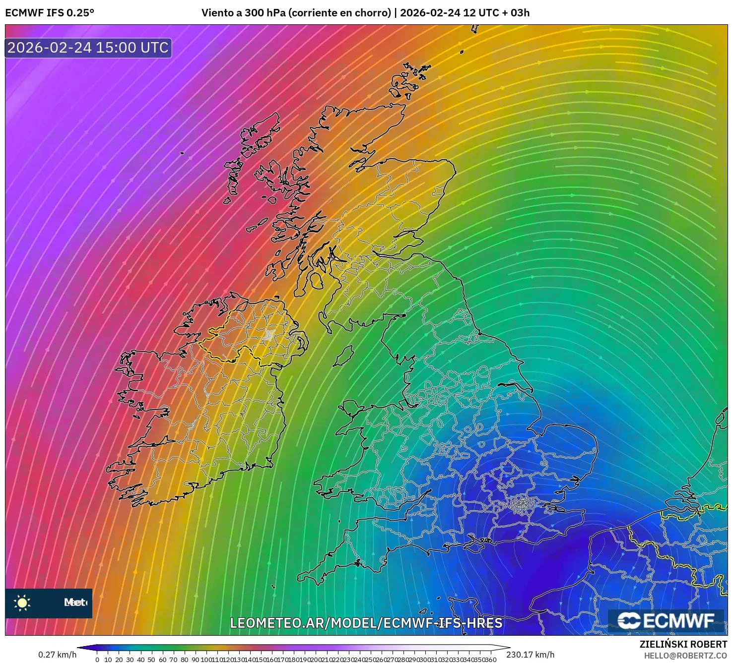 ECMWF IFS 0.25° model - Reino Unido, Viento a 300 hPa (corriente en chorro)