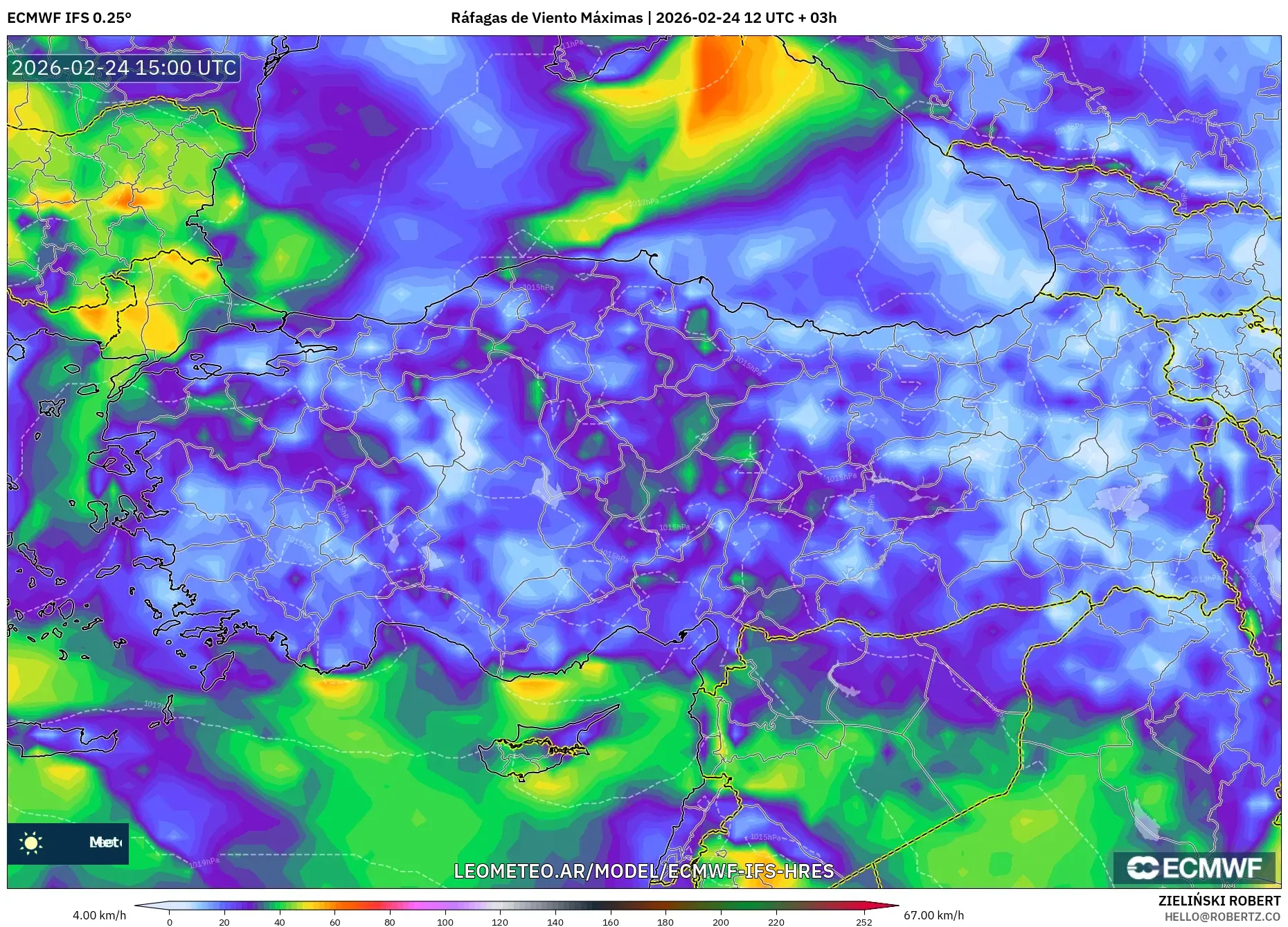 ECMWF IFS 0.25° model - Turquía, Ráfagas de Viento Máximas