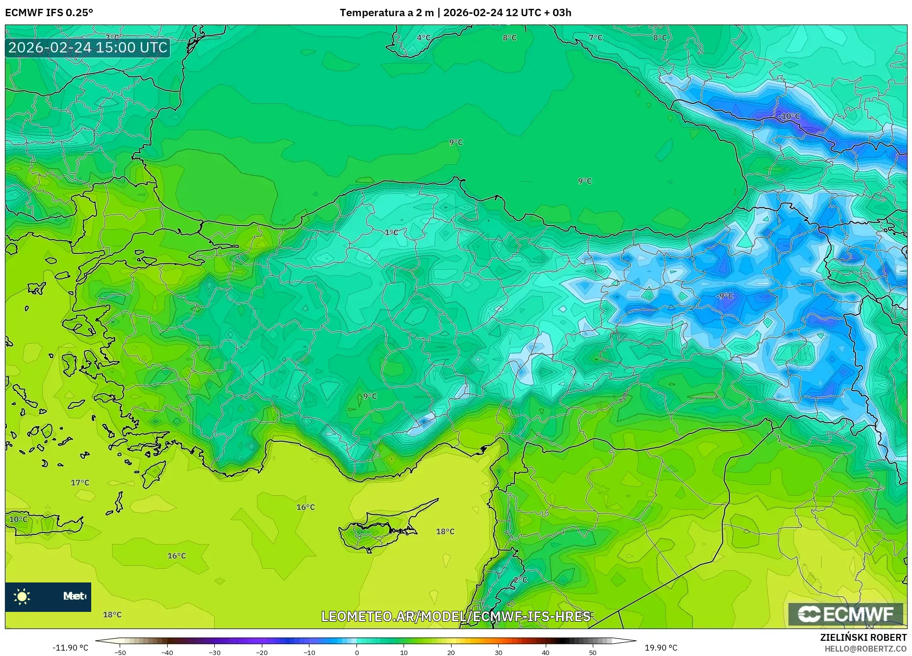 ECMWF IFS 0.25° model - Turquía, Temperatura a 2 m