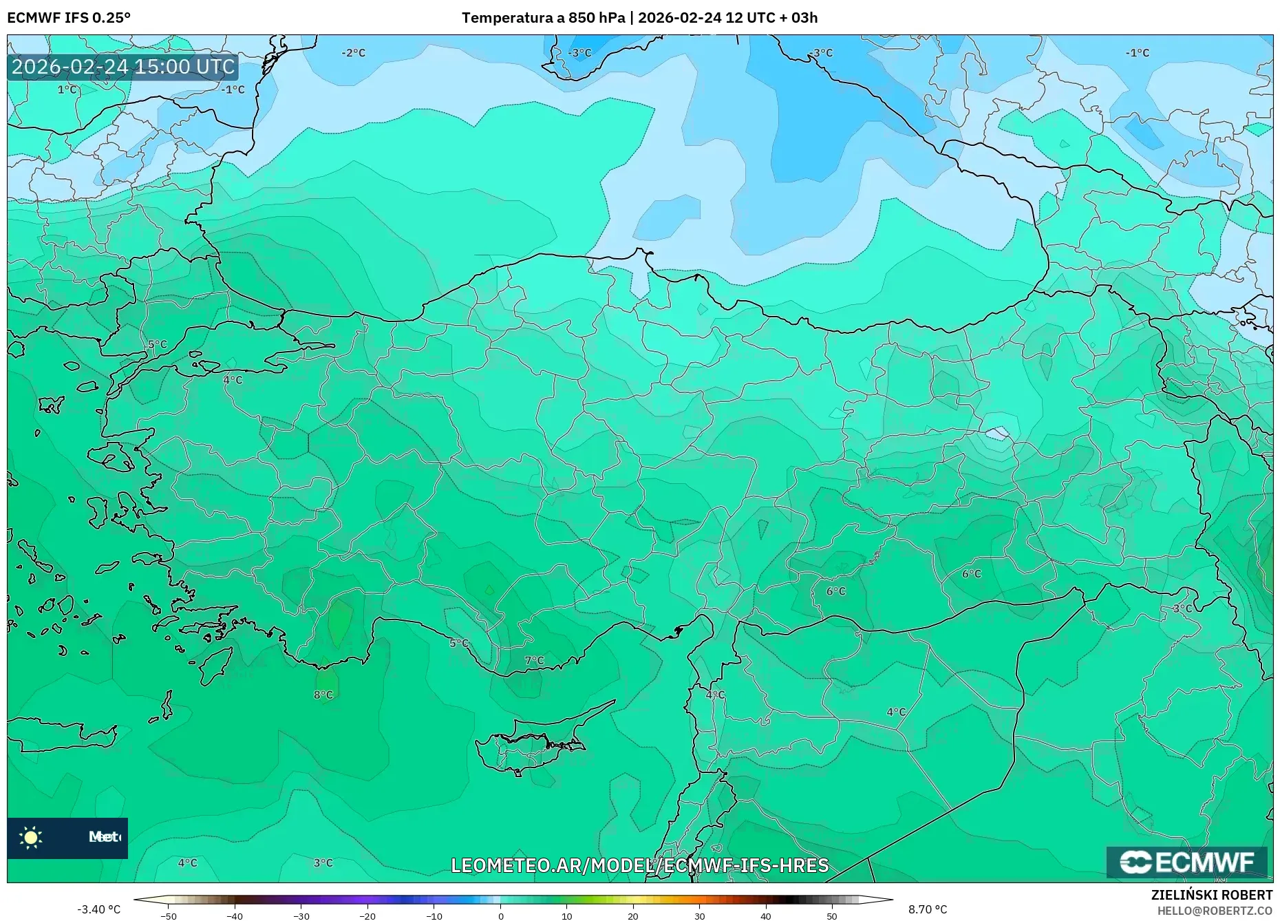 ECMWF IFS 0.25° model - Turquía, Temperatura a 850 hPa