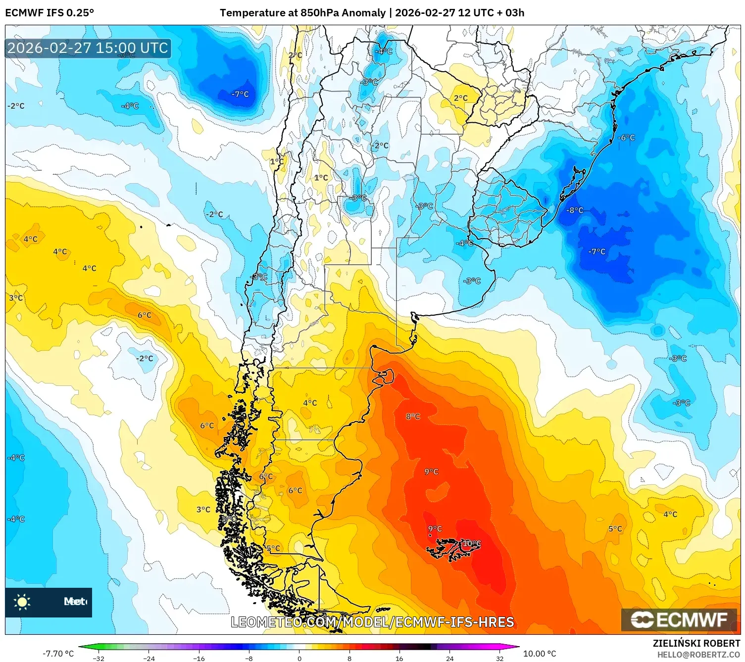 ECMWF IFS 0.25° model - Argentina, Anomalía de temperatura a 850 hPa