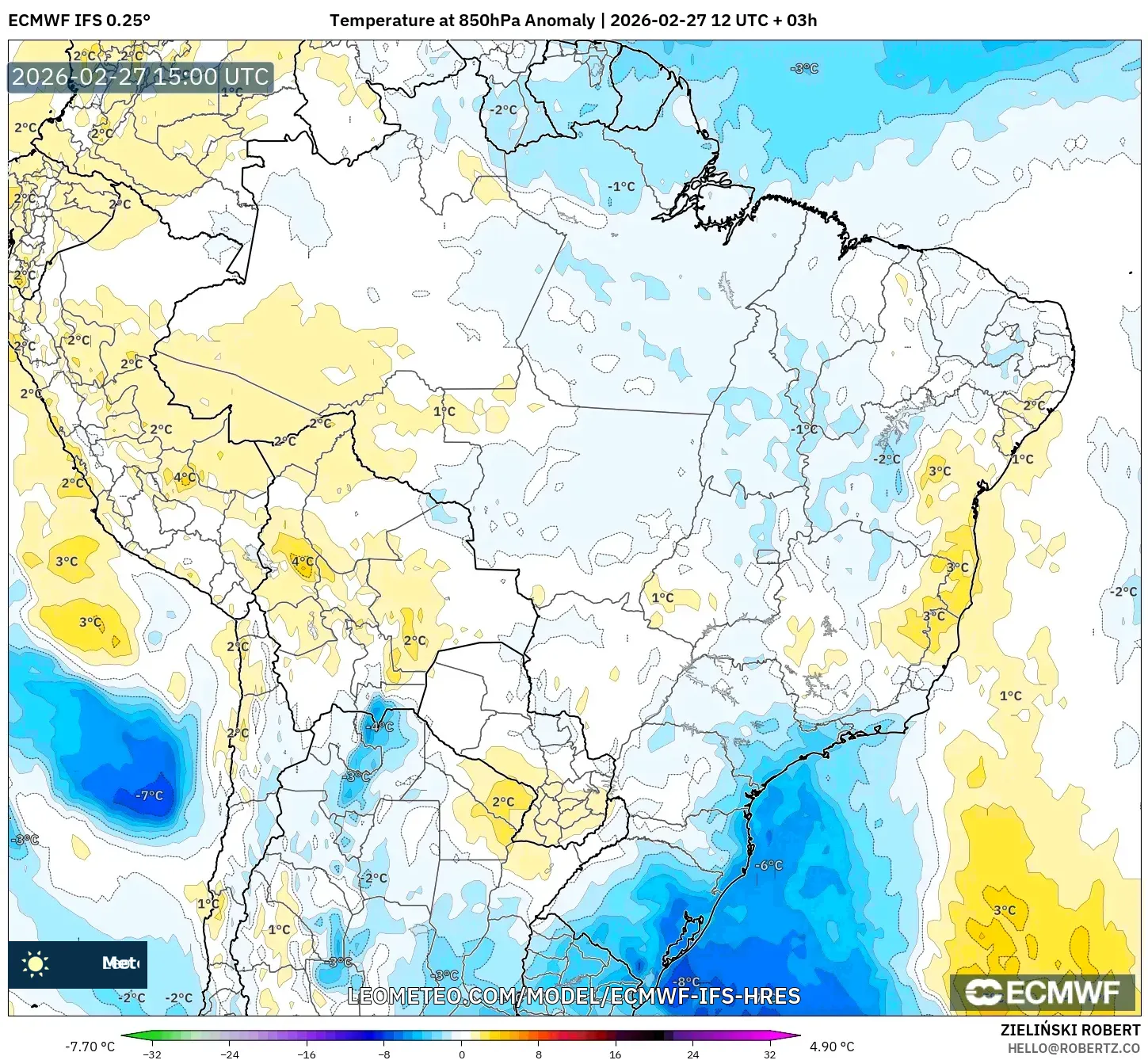 ECMWF IFS 0.25° model - Brasil, Anomalía de temperatura a 850 hPa