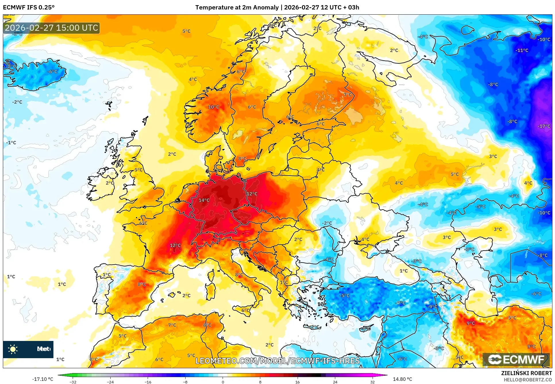 ECMWF IFS 0.25° model - Europa, Anomalía de temperatura a 2 m