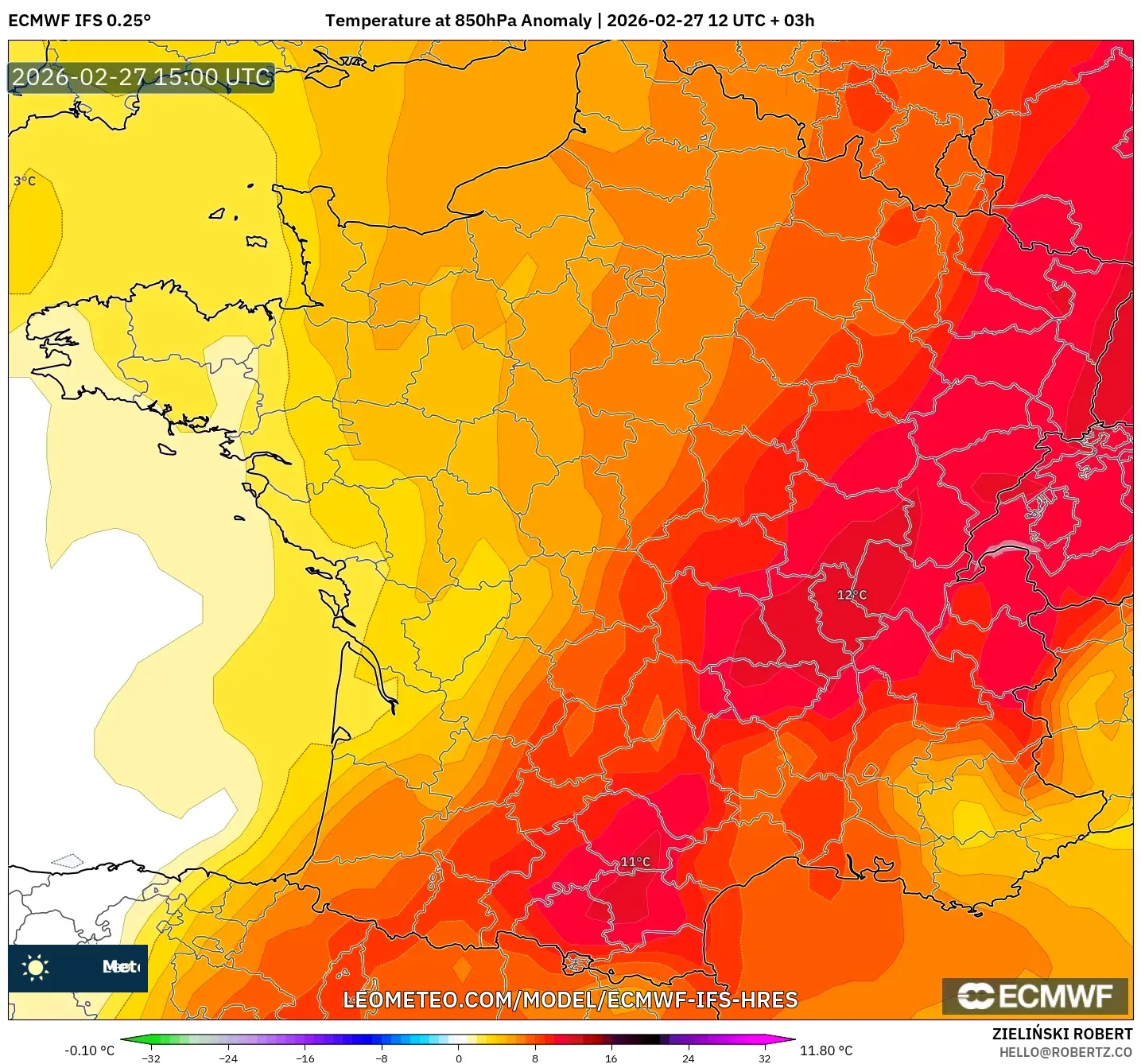 ECMWF IFS 0.25° model - Francia, Anomalía de temperatura a 850 hPa