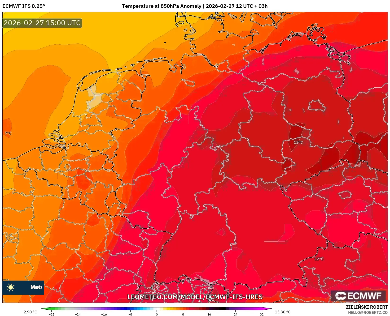 ECMWF IFS 0.25° model - Alemania, Anomalía de temperatura a 850 hPa