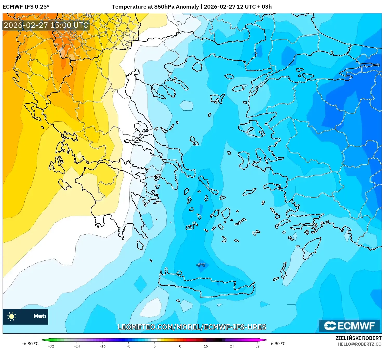 ECMWF IFS 0.25° model - Grecia, Anomalía de temperatura a 850 hPa