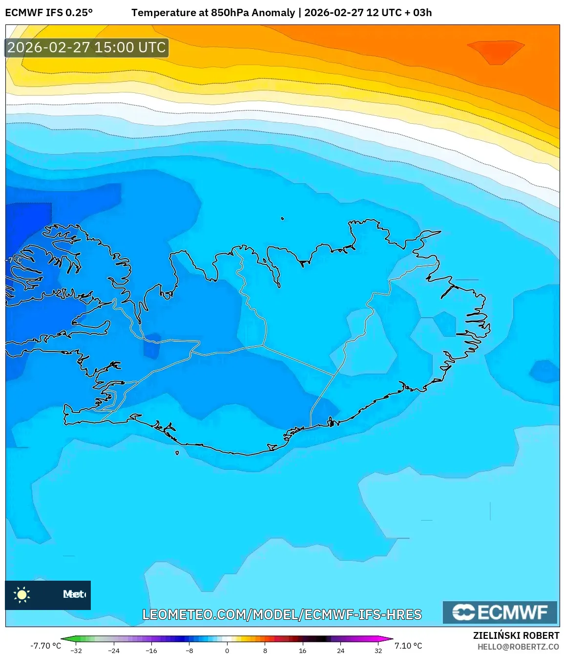 ECMWF IFS 0.25° model - Islandia, Anomalía de temperatura a 850 hPa