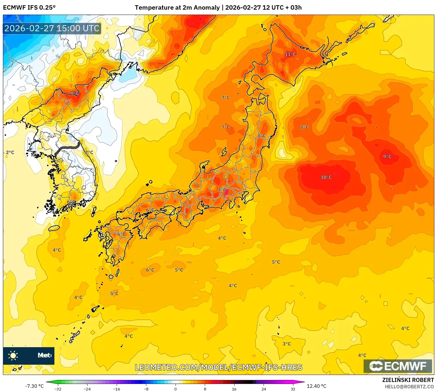 ECMWF IFS 0.25° model - Japón, Anomalía de temperatura a 2 m