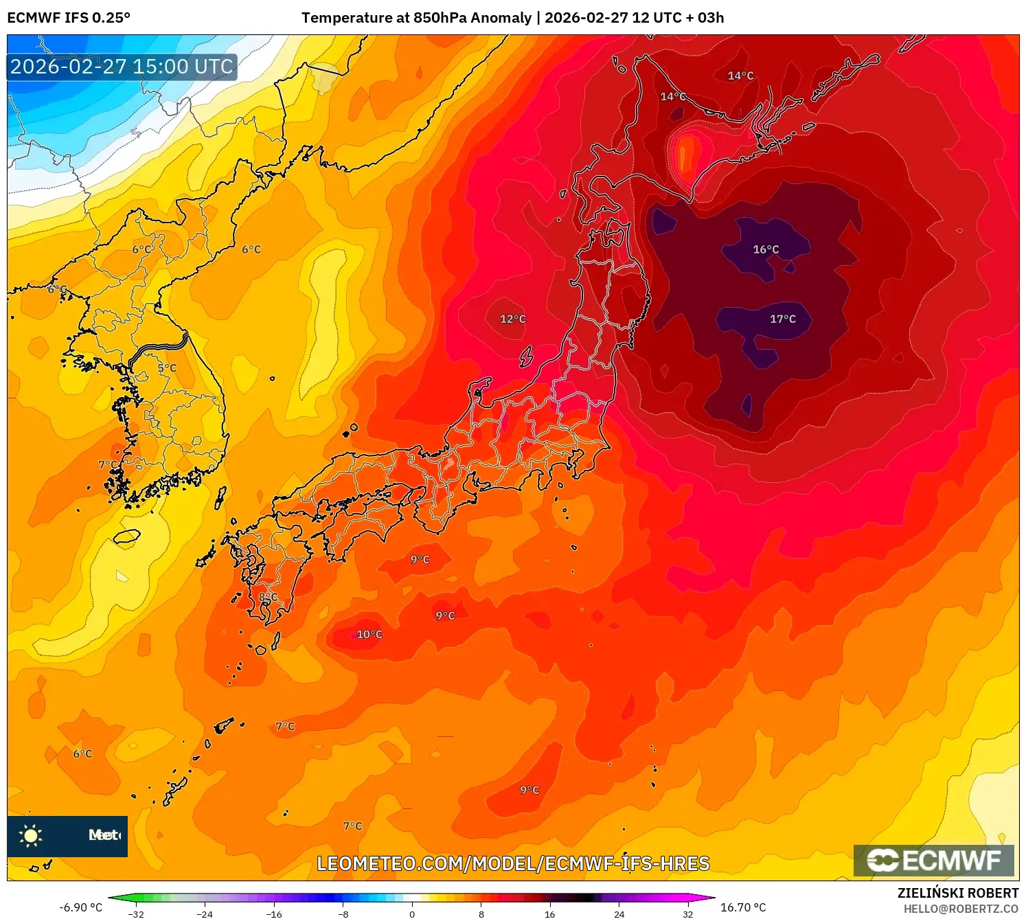 ECMWF IFS 0.25° model - Japón, Anomalía de temperatura a 850 hPa