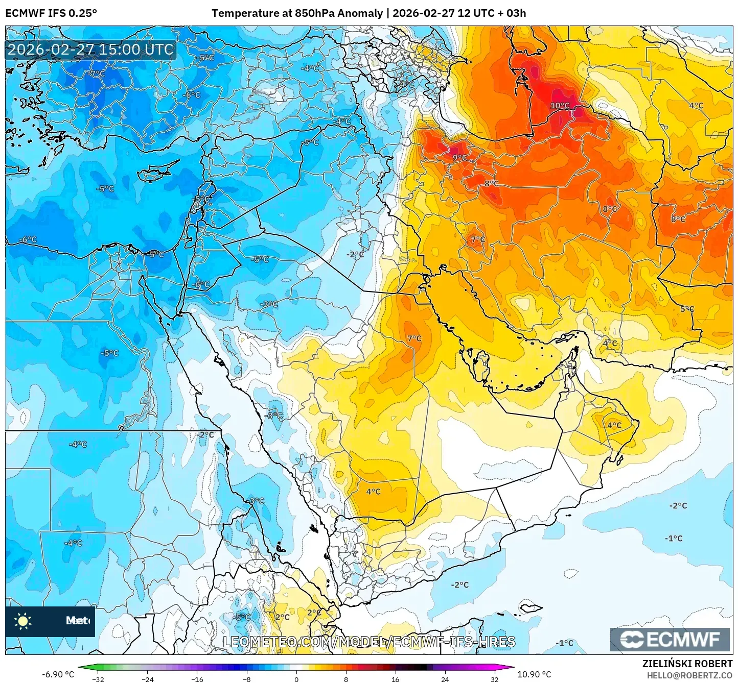 ECMWF IFS 0.25° model - Oriente Medio, Anomalía de temperatura a 850 hPa