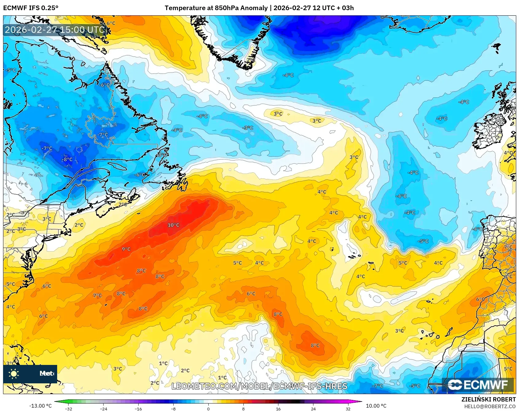 ECMWF IFS 0.25° model - Norte Atlántico, Anomalía de temperatura a 850 hPa