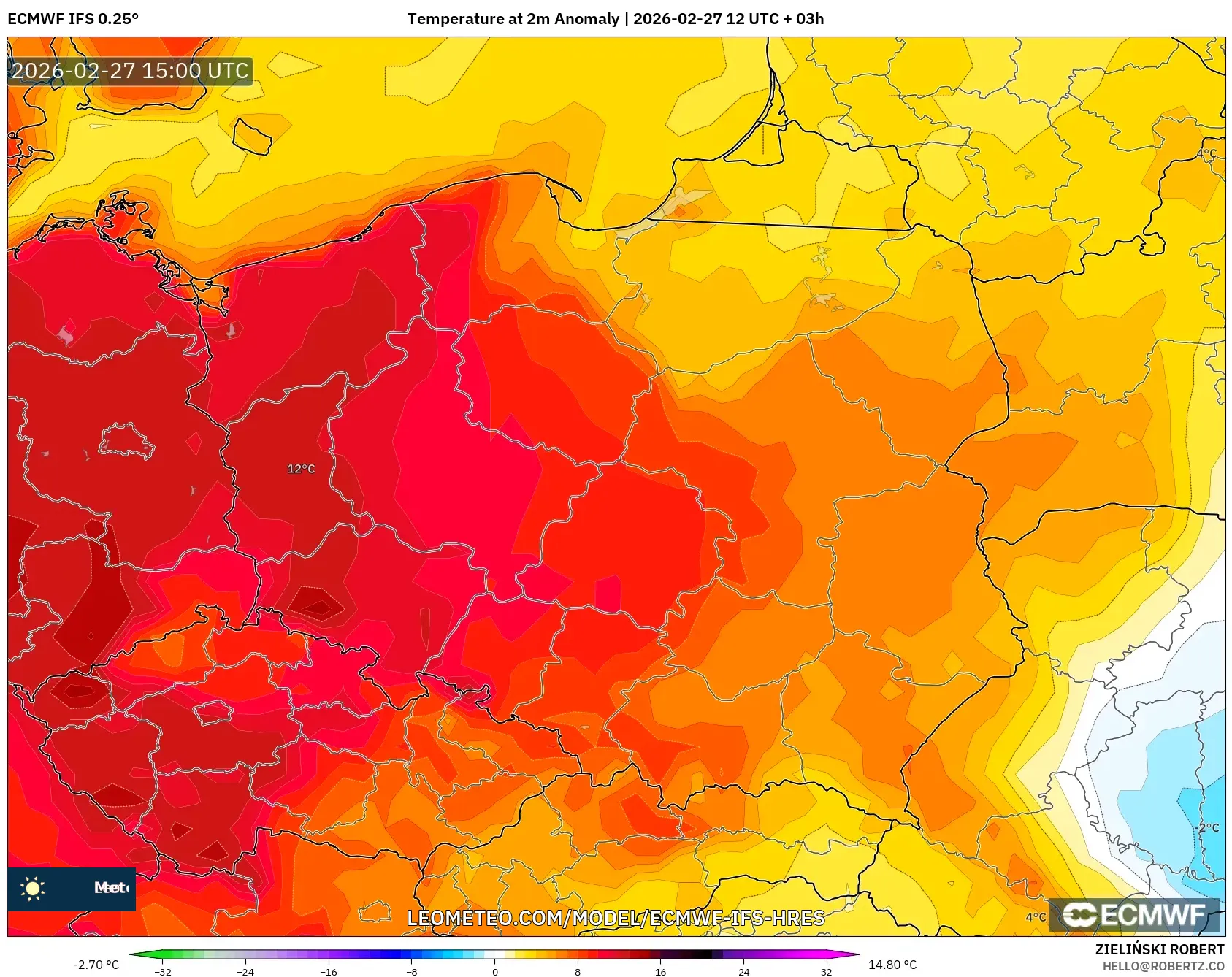 ECMWF IFS 0.25° model - Polonia, Anomalía de temperatura a 2 m