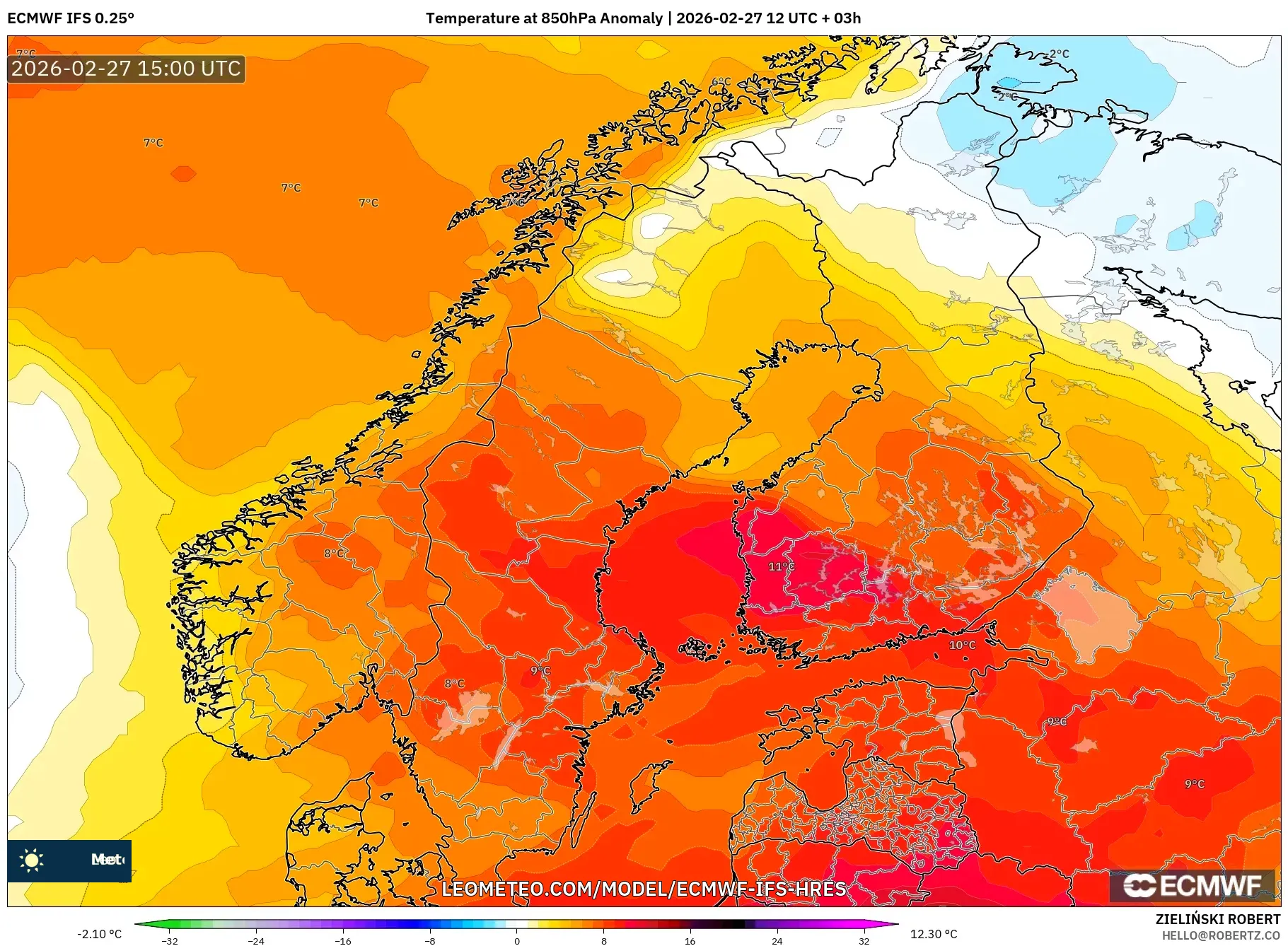ECMWF IFS 0.25° model - Escandinavia, Anomalía de temperatura a 850 hPa