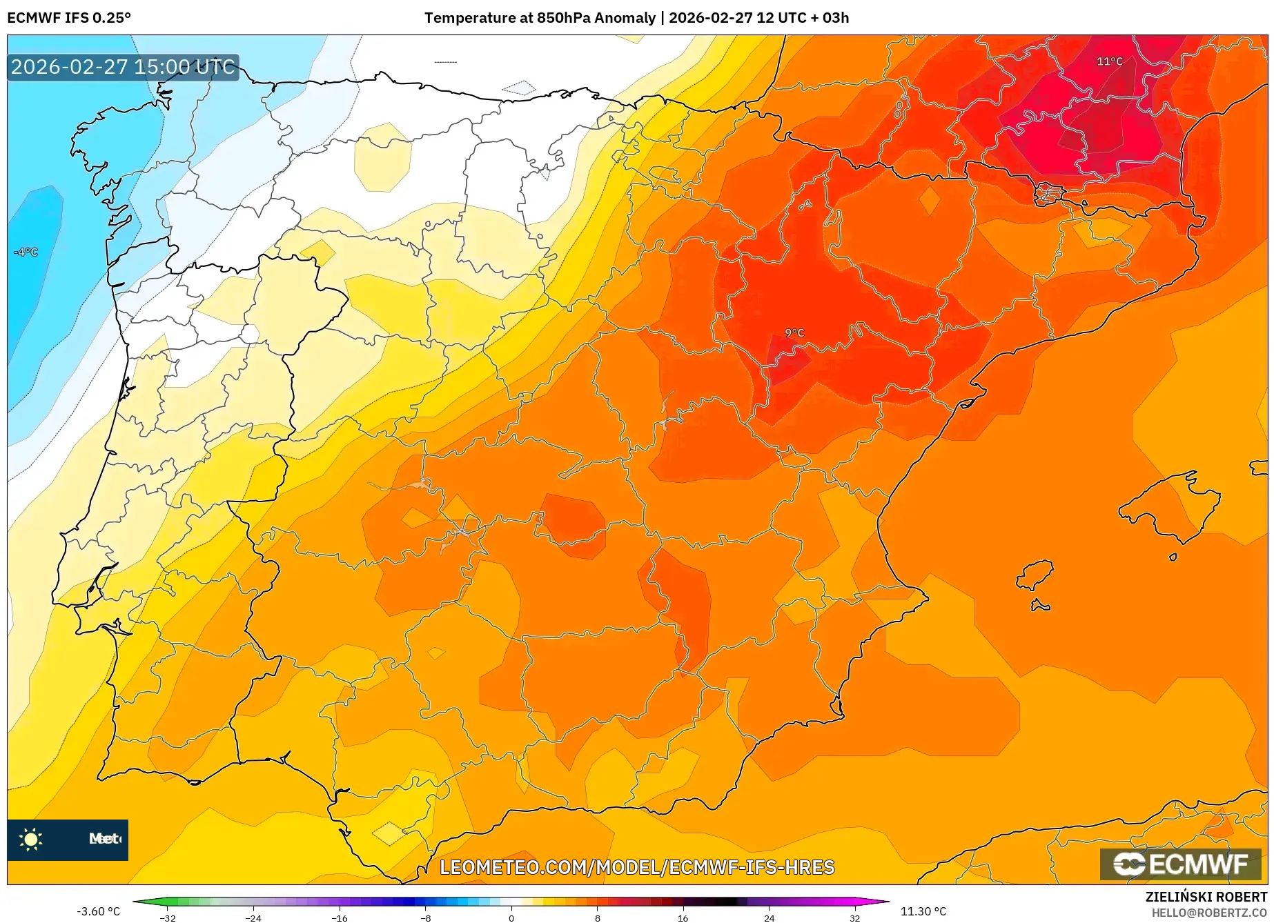 ECMWF IFS 0.25° model - España, Anomalía de temperatura a 850 hPa