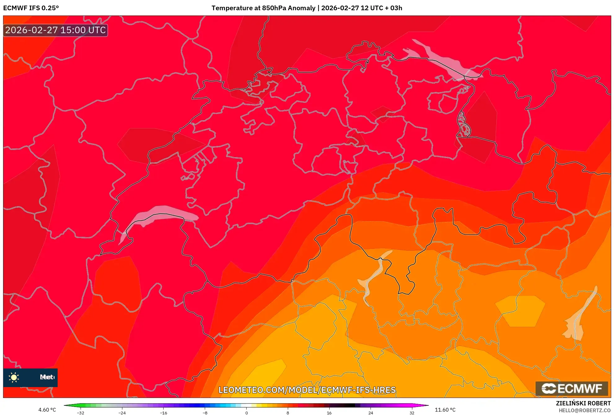ECMWF IFS 0.25° model - Suiza, Anomalía de temperatura a 850 hPa