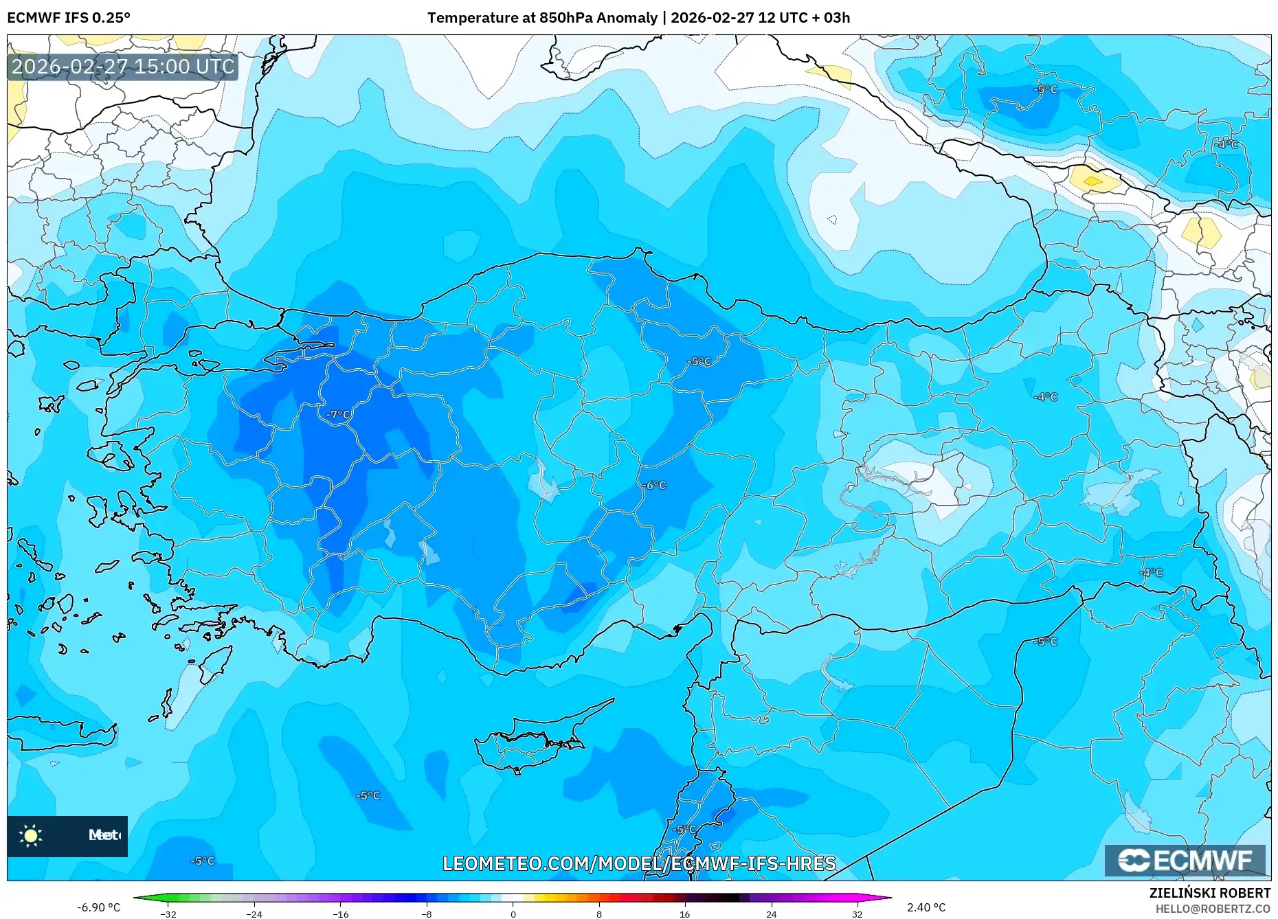 ECMWF IFS 0.25° model - Turquía, Anomalía de temperatura a 850 hPa