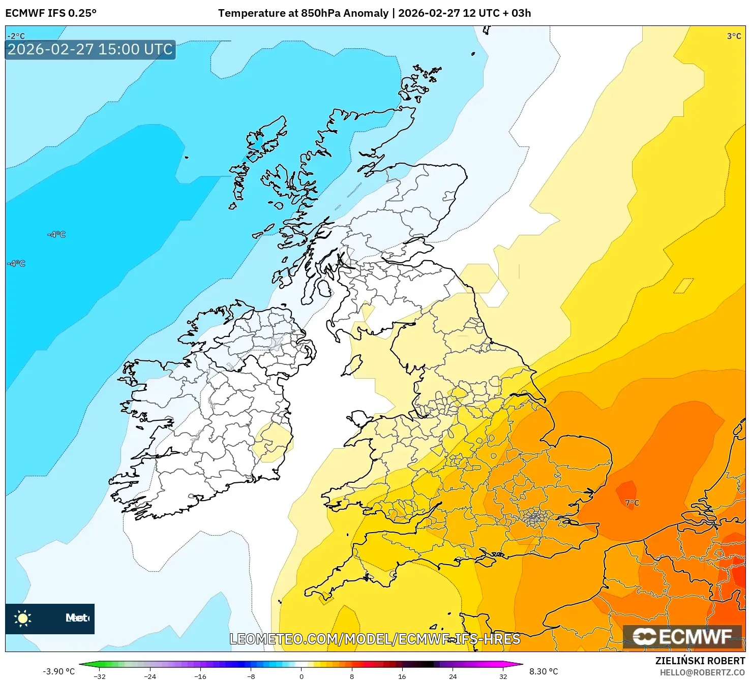 ECMWF IFS 0.25° model - Reino Unido, Anomalía de temperatura a 850 hPa