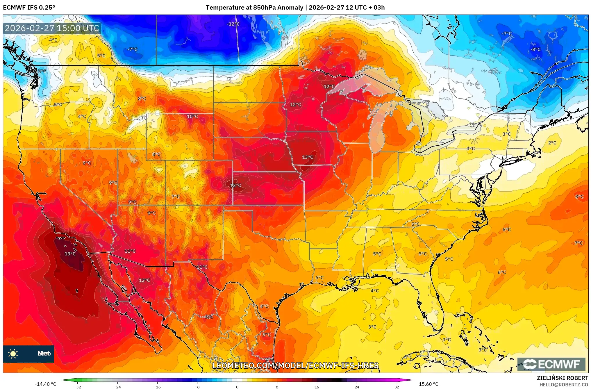 ECMWF IFS 0.25° model - Estados Unidos, Anomalía de temperatura a 850 hPa