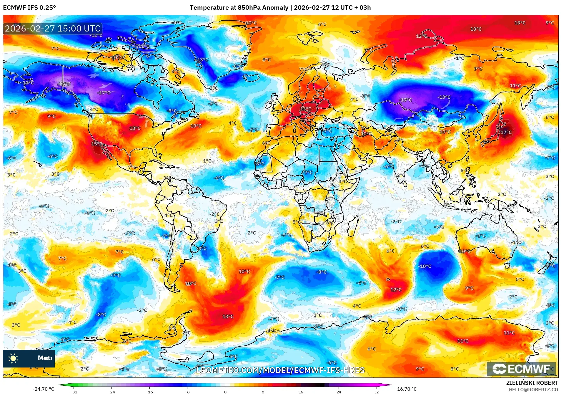 ECMWF IFS 0.25° model - Mundo, Anomalía de temperatura a 850 hPa