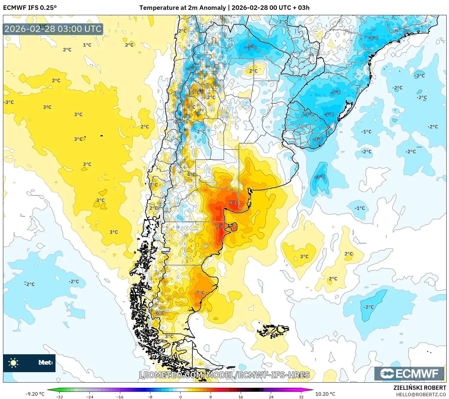 ECMWF IFS 0.25° model - Argentina, Anomalía de temperatura a 2 m