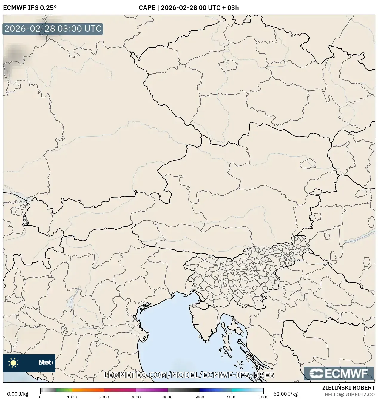 ECMWF IFS 0.25° model - Austria, CAPE