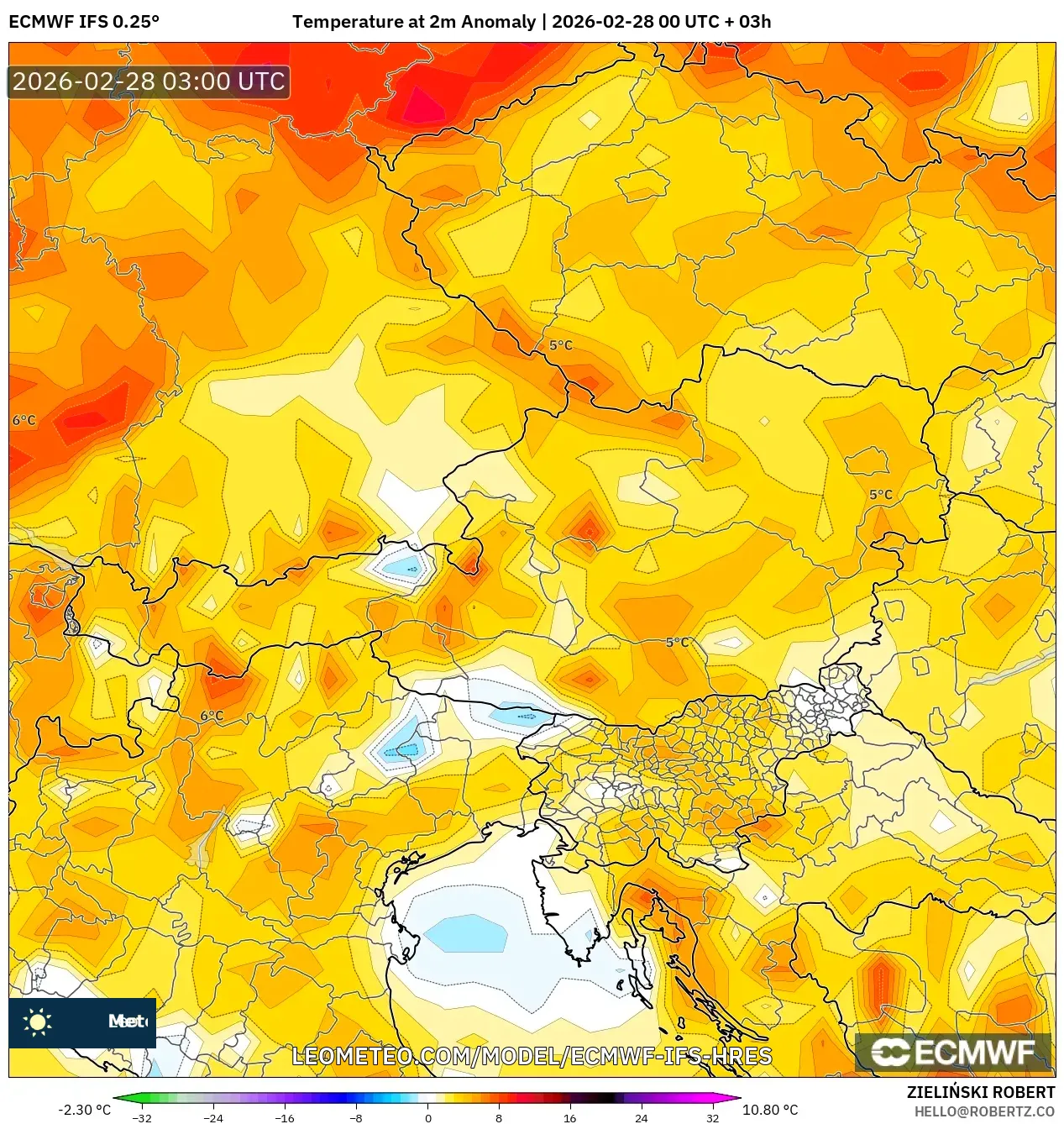 ECMWF IFS 0.25° model - Austria, Anomalía de temperatura a 2 m