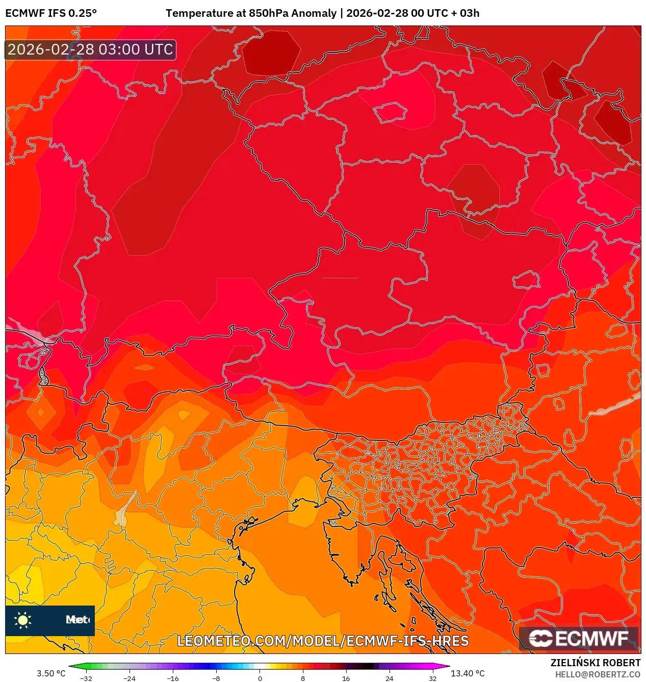 ECMWF IFS 0.25° model - Austria, Anomalía de temperatura a 850 hPa