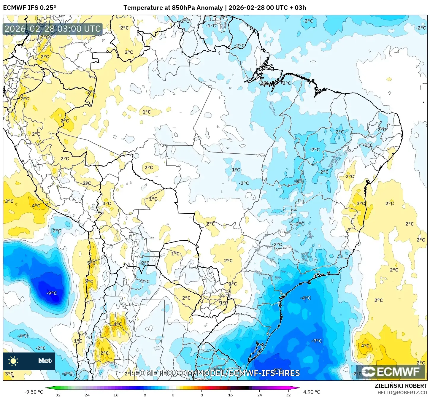 ECMWF IFS 0.25° model - Brasil, Anomalía de temperatura a 850 hPa