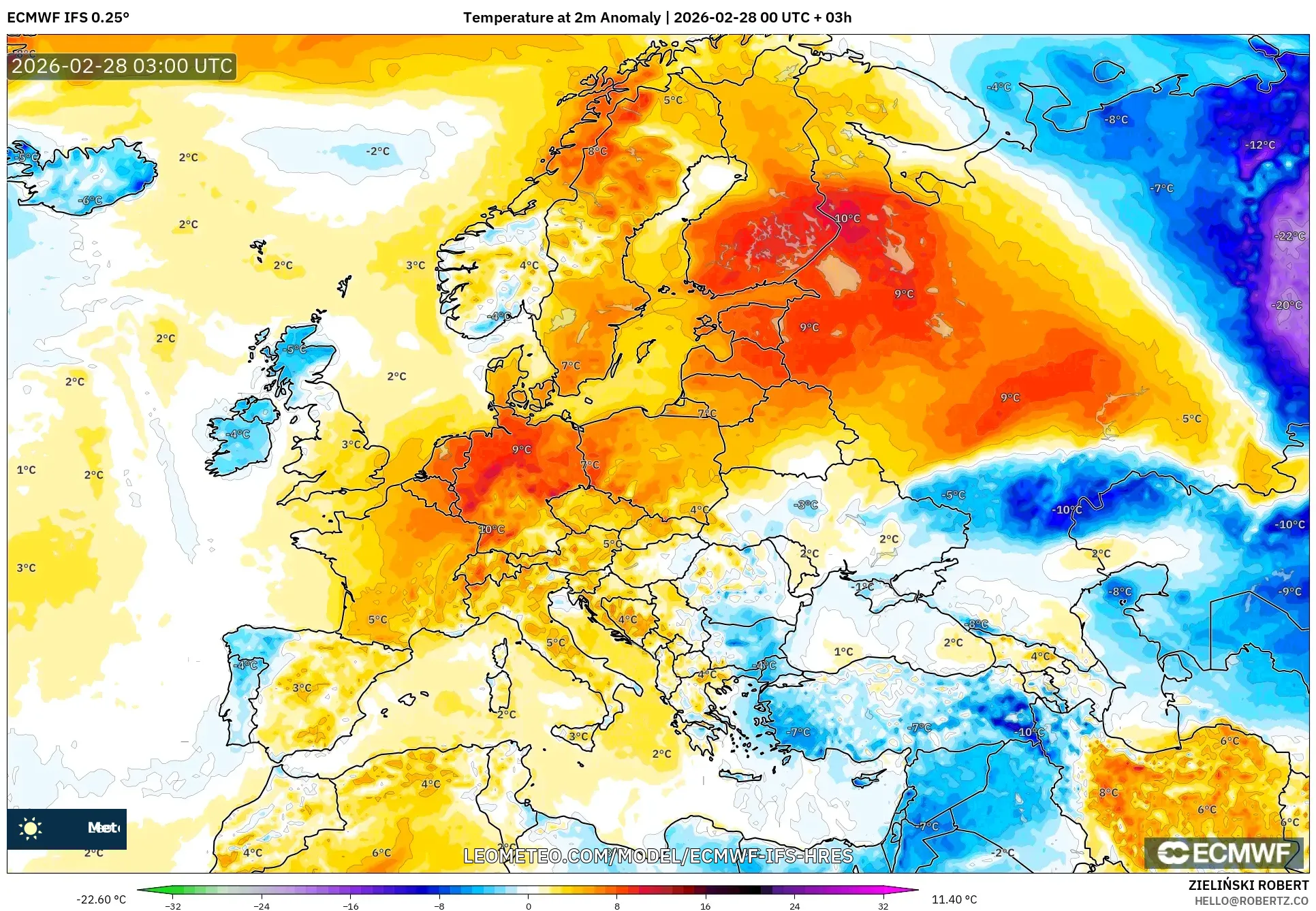 ECMWF IFS 0.25° model - Europa, Anomalía de temperatura a 2 m