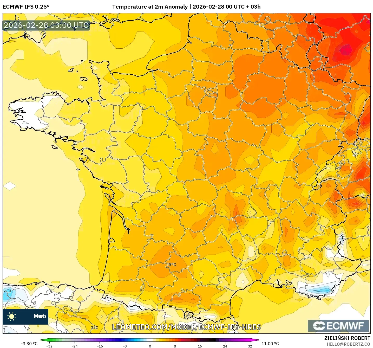 ECMWF IFS 0.25° model - Francia, Anomalía de temperatura a 2 m