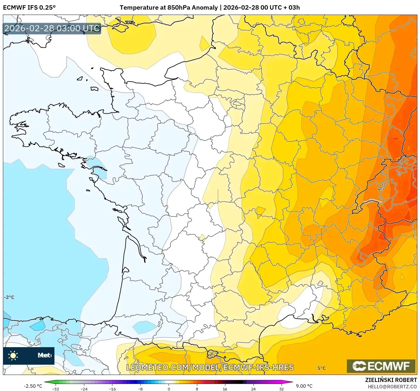 ECMWF IFS 0.25° model - Francia, Anomalía de temperatura a 850 hPa