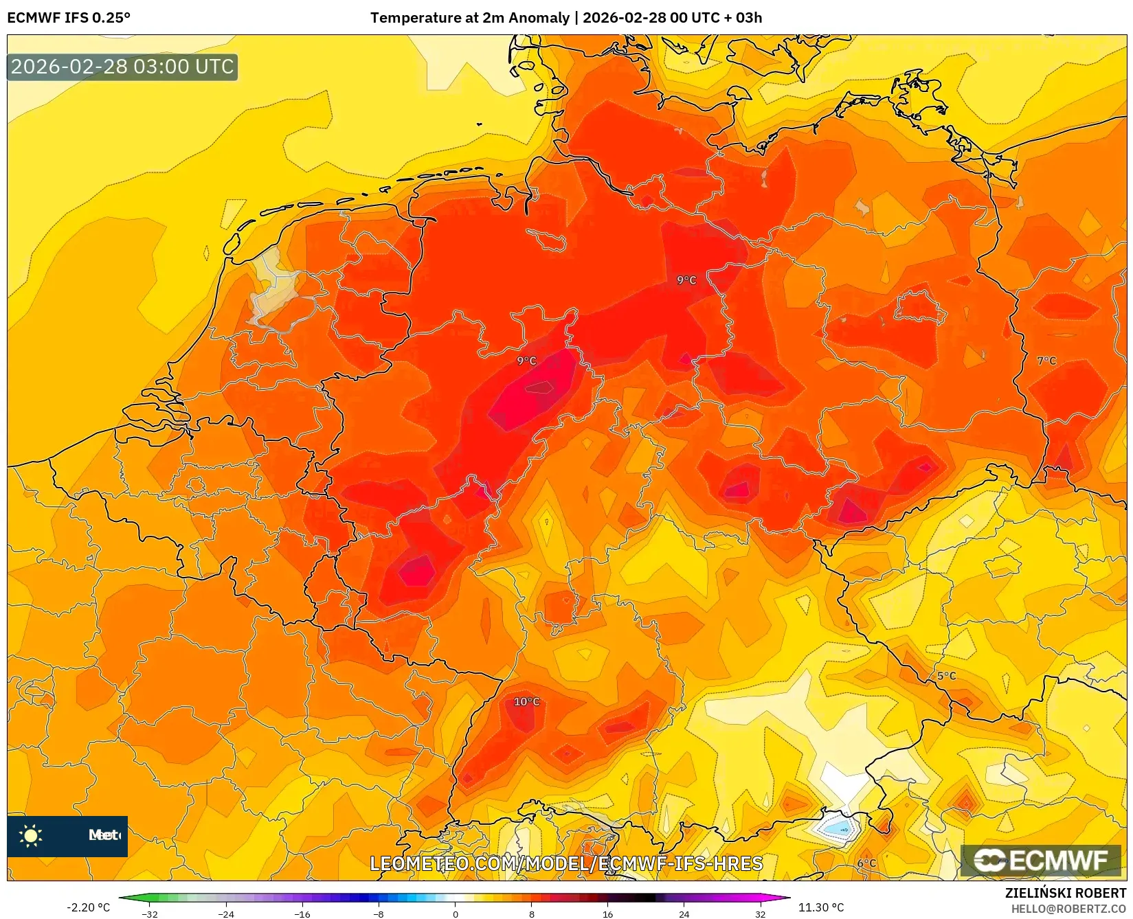 ECMWF IFS 0.25° model - Alemania, Anomalía de temperatura a 2 m