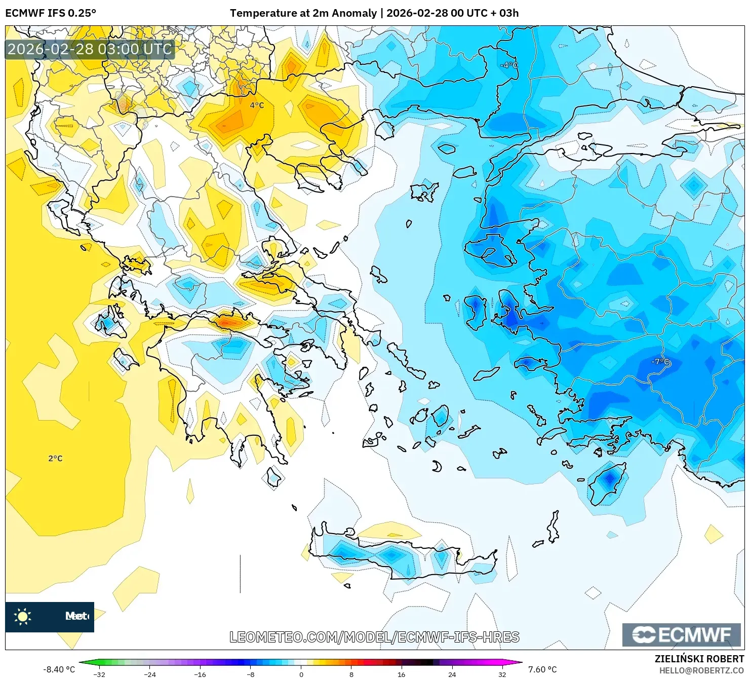 ECMWF IFS 0.25° model - Grecia, Anomalía de temperatura a 2 m