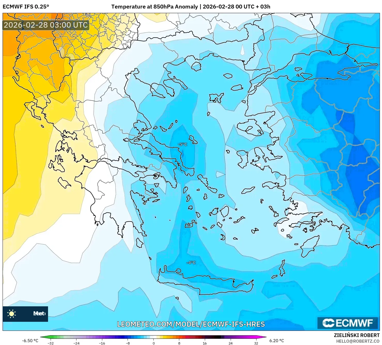 ECMWF IFS 0.25° model - Grecia, Anomalía de temperatura a 850 hPa